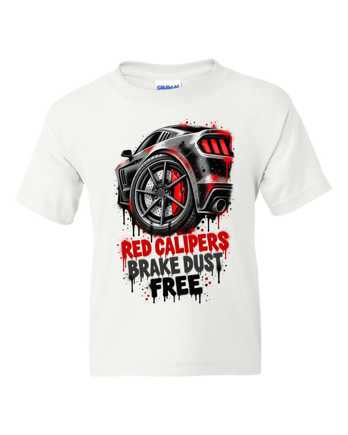 Stencil spray street art print of Kia Stinger GT CK red calipers with brake dust text white kids tee front view with the design