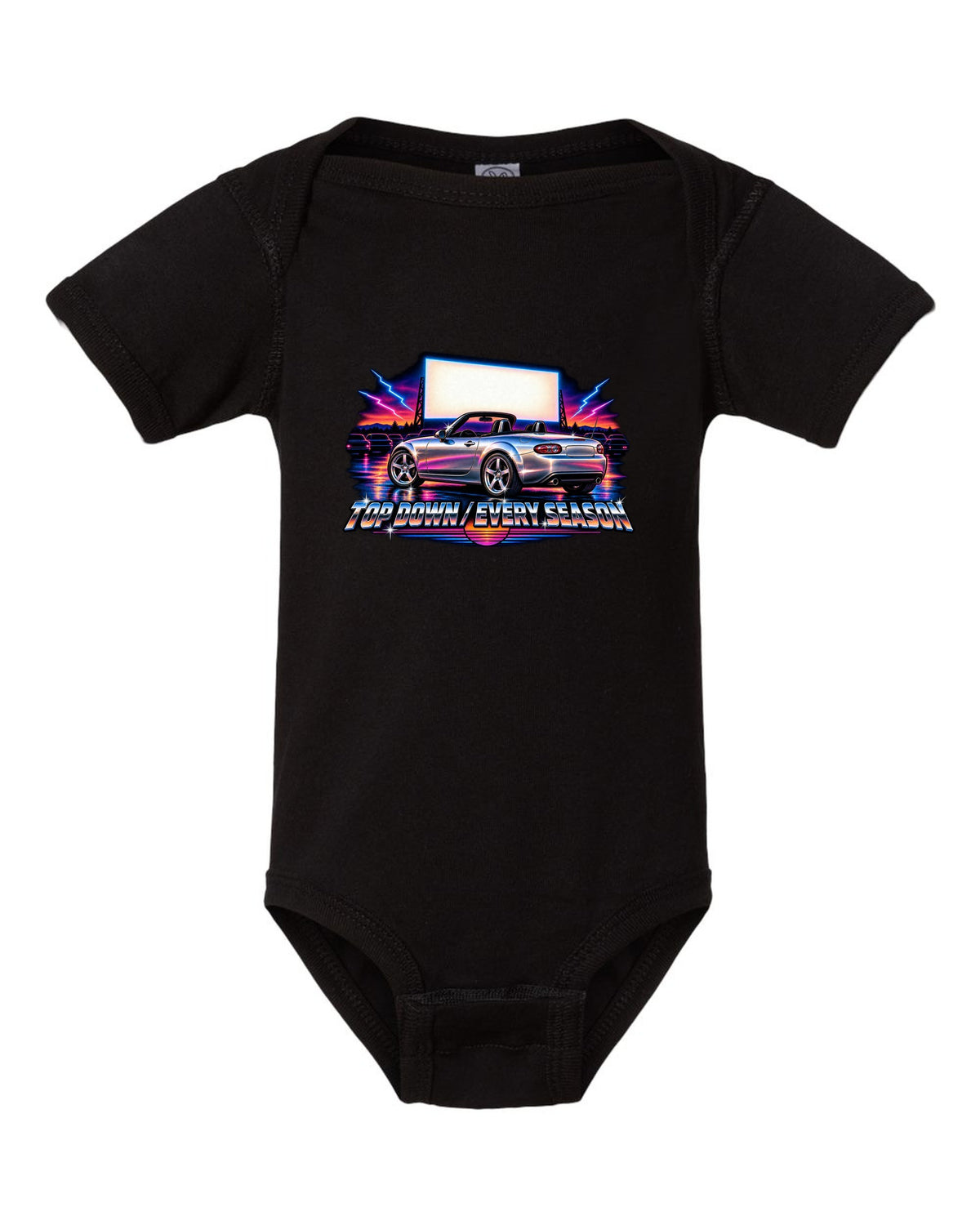 Eighties airbrush chrome print of a Mazda MX-5 NC with the text Top Down Every Season black baby onesie front view with the design