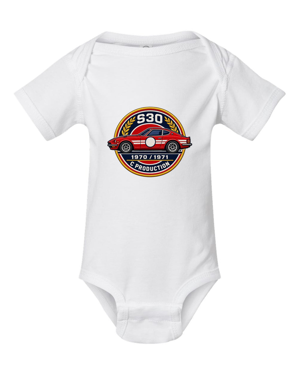 Round crest print for the Datsun 240Z S30 with S30, 1970, 1971 and C Production lettering white baby onesie front view with the design