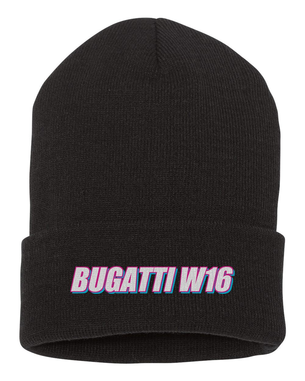 Bugatti W16 black beanie front view with car name