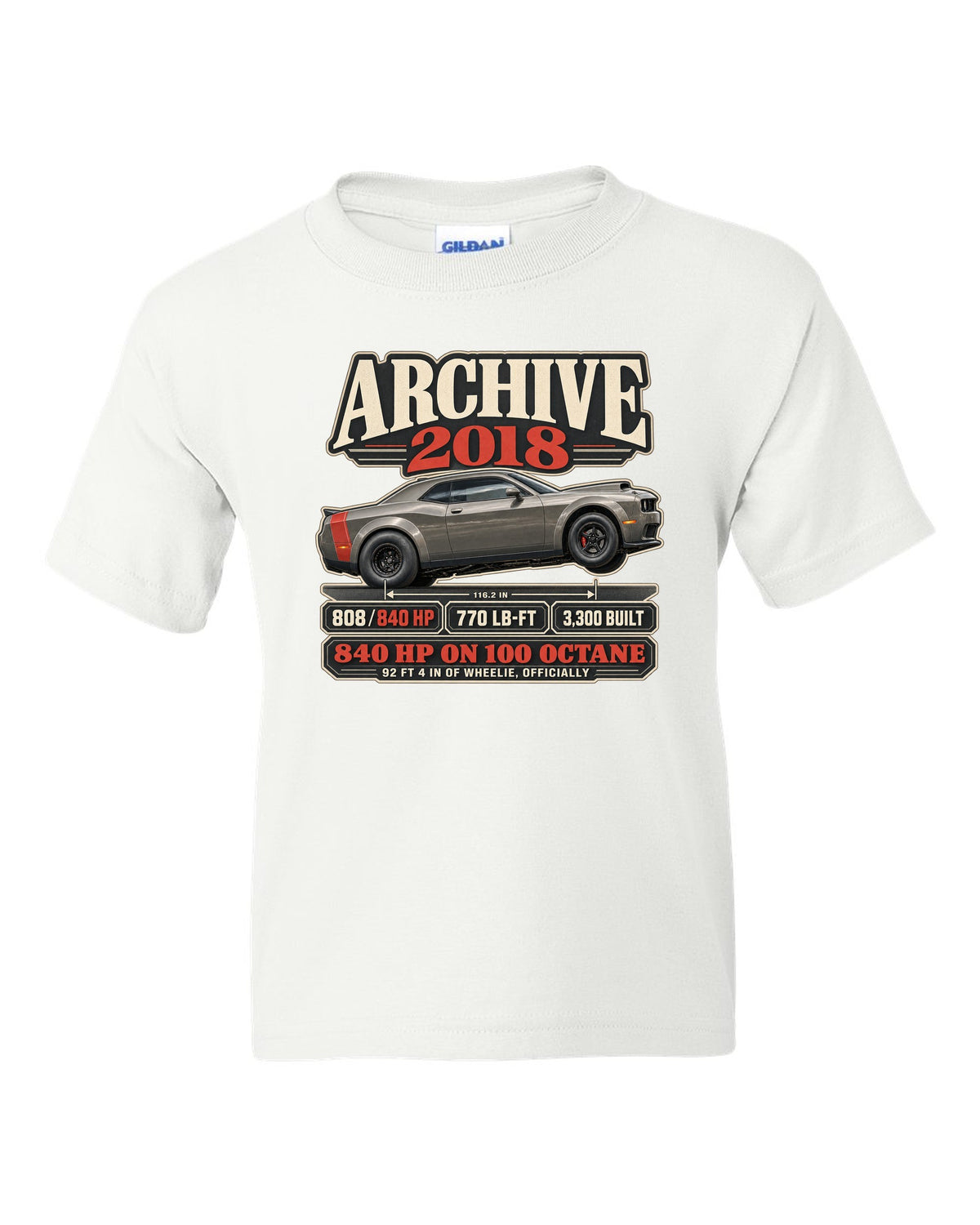 2018 Dodge Challenger SRT Demon archive panel print with 840 HP and wheelie record white kids tee front view with the design