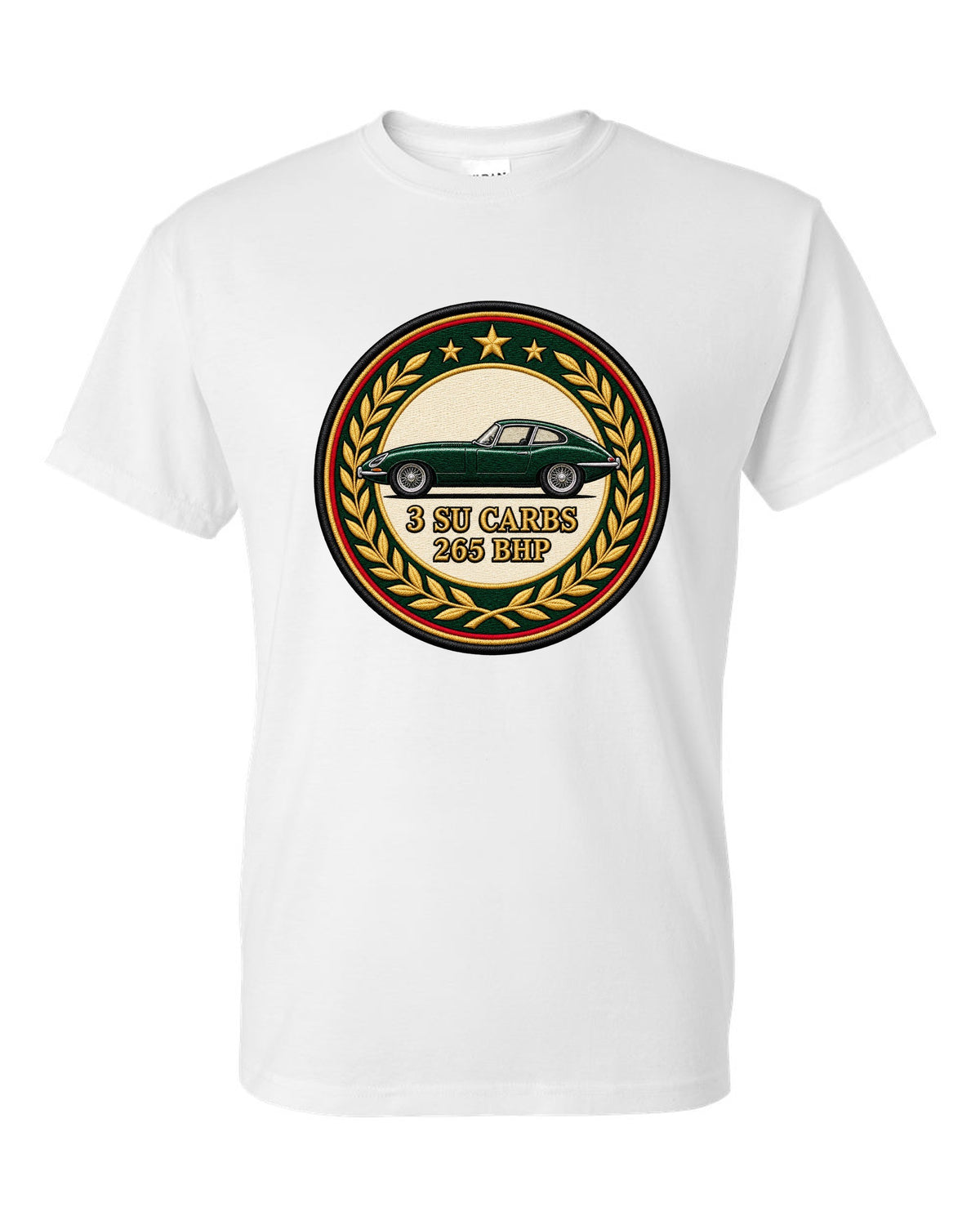 Varsity embroidery-style long bonnet print for the 1961 Jaguar E-Type Series 1 with 3 SU carbs and 265 bhp lettering white t-shirt front view with the design