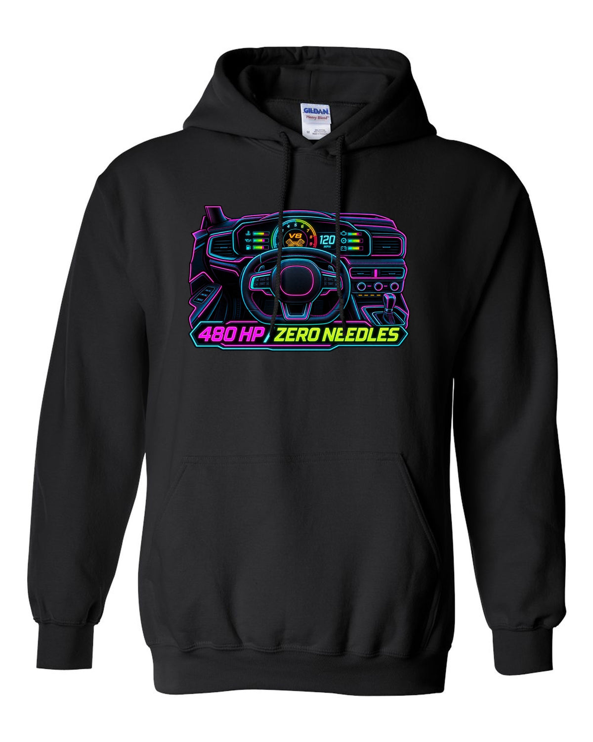 Neon gauge-cluster HUD print of a Ford Mustang S650 GT 2024 with 480 HP text black pull over hoodie front view with the design