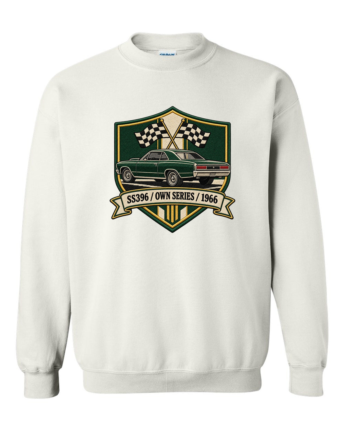 1966 Chevelle SS396 in an embroidery-style shield with text SS396 Own Series 1966 white crewneck front view with the design