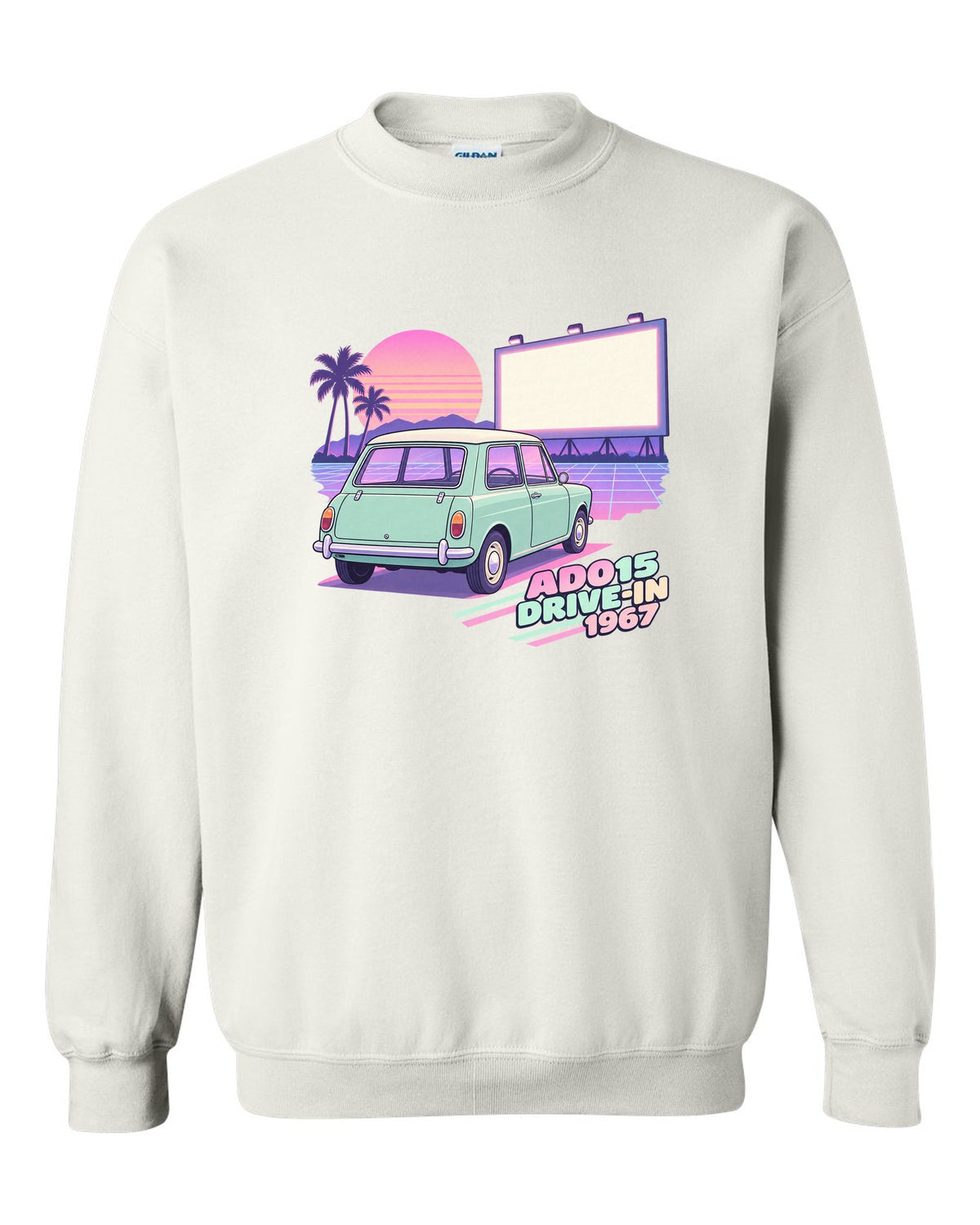Pastel vaporwave drive-in scene with a 1967 classic Mini Cooper ADO15 white crewneck front view with the design