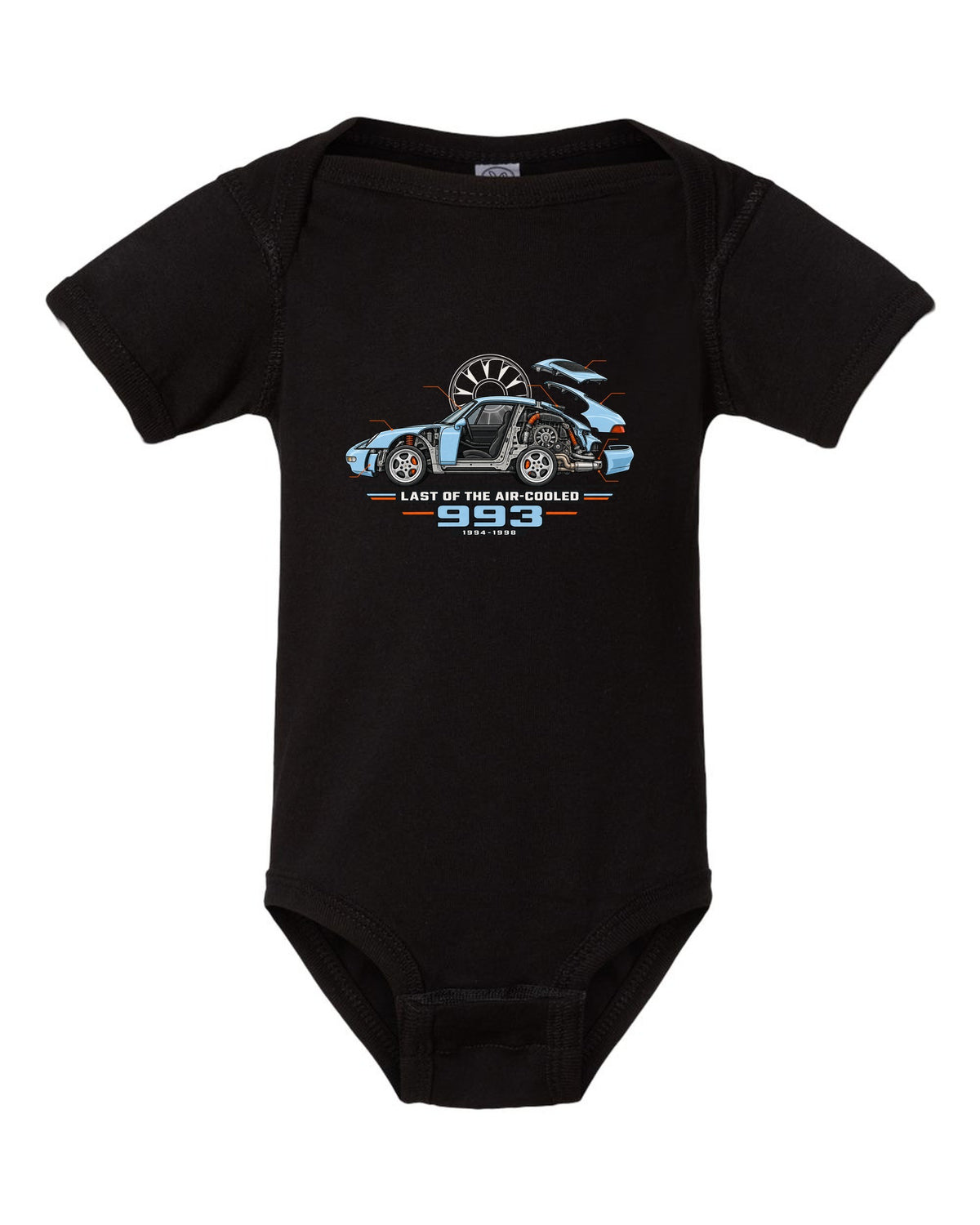 Architectural cutaway drawing of a Porsche 911 993 on a shirt back black baby onesie front view with the design