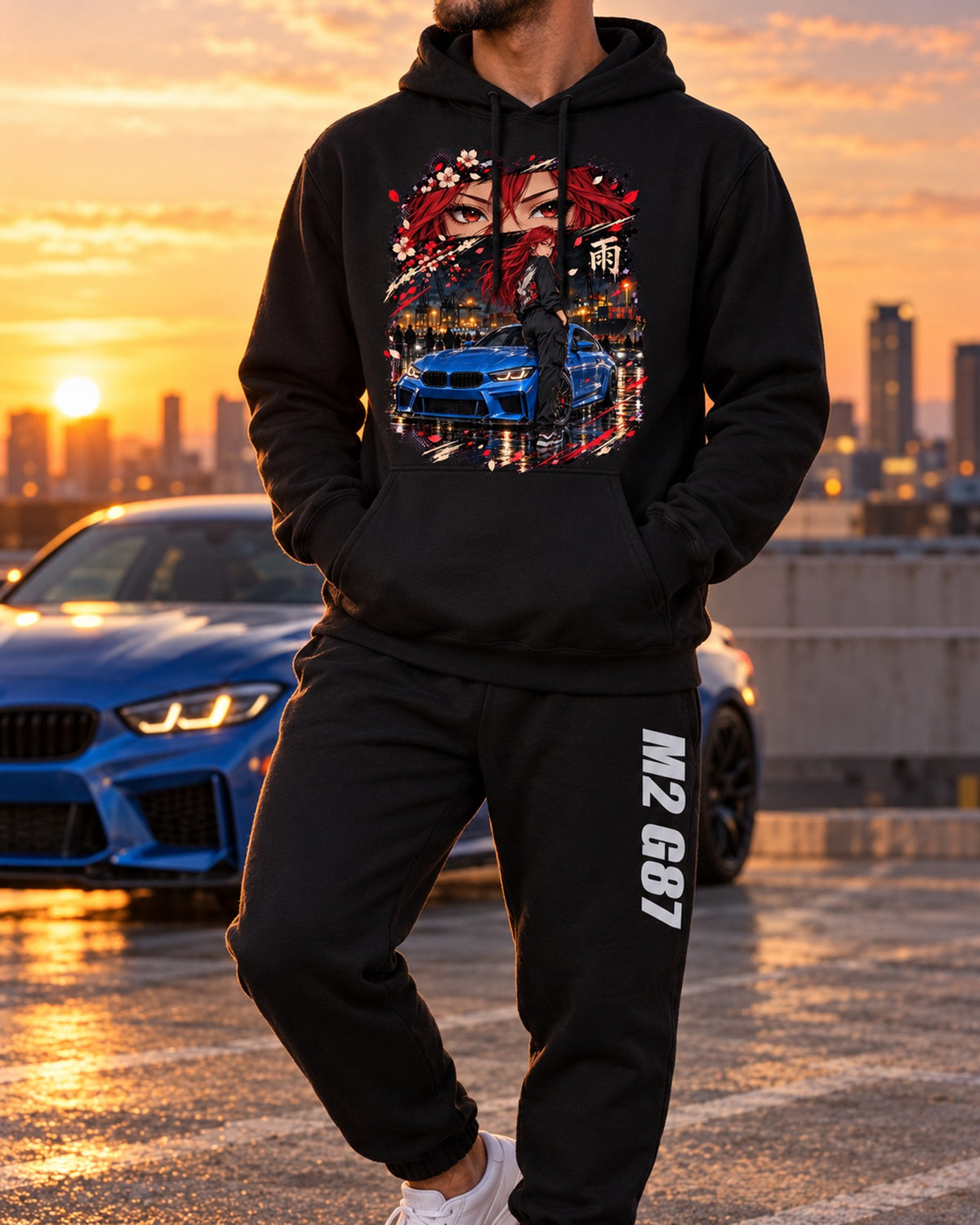 BMW M2 G87 Anime Girl Hoodie + Jogger Set Black worn hero