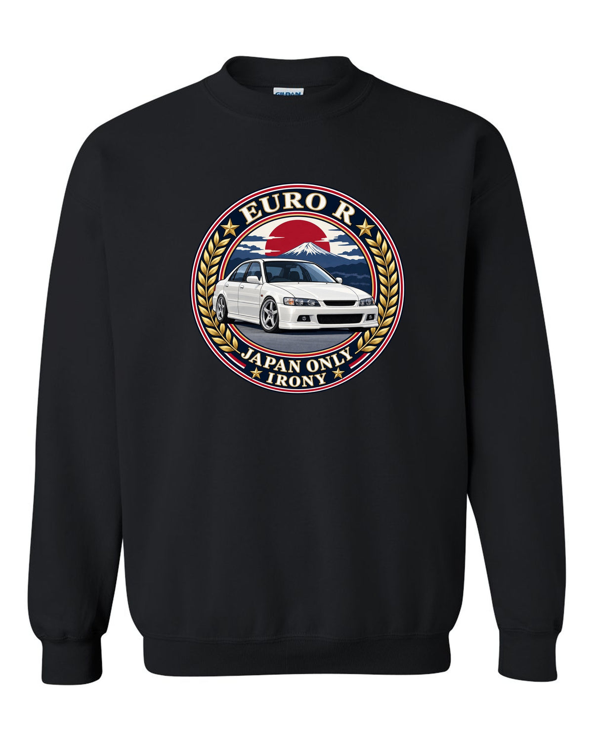 Crest layout print for the Honda Accord Euro R CL1 with Japan Only text black crewneck front view with the design