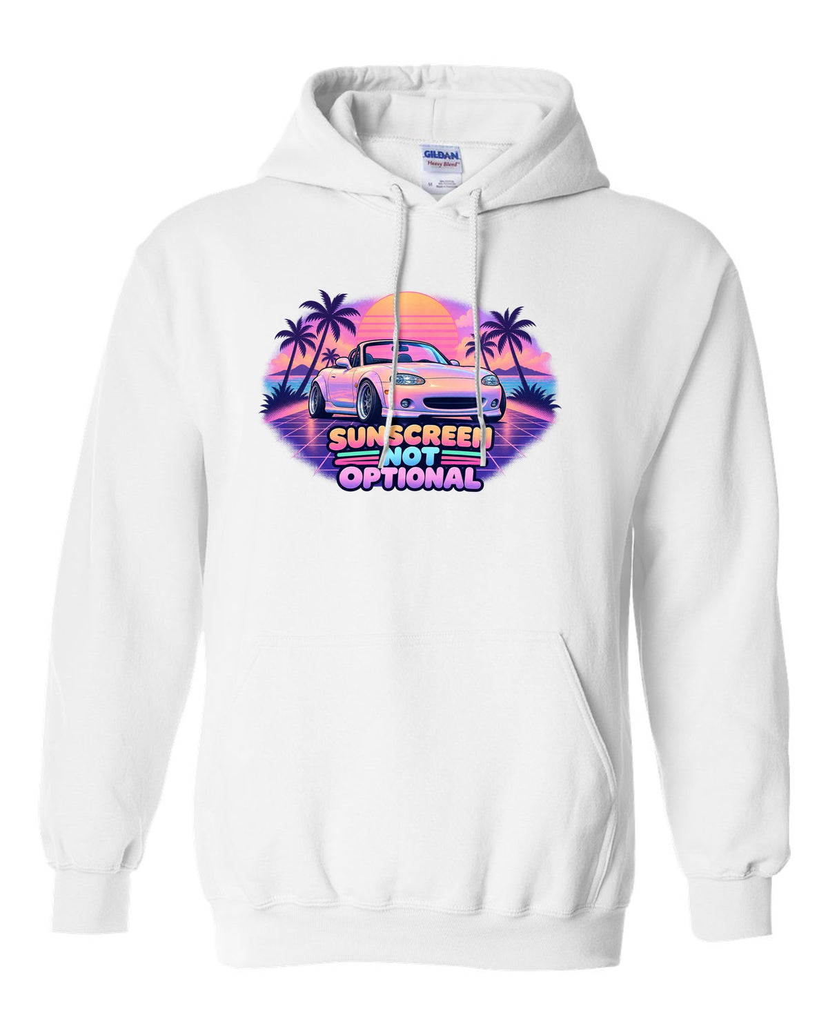 Vaporwave pastel print of a Mazda MX-5 NB Miata with the roof down and the text Sunscreen Not Optional white pull over hoodie front view with the design