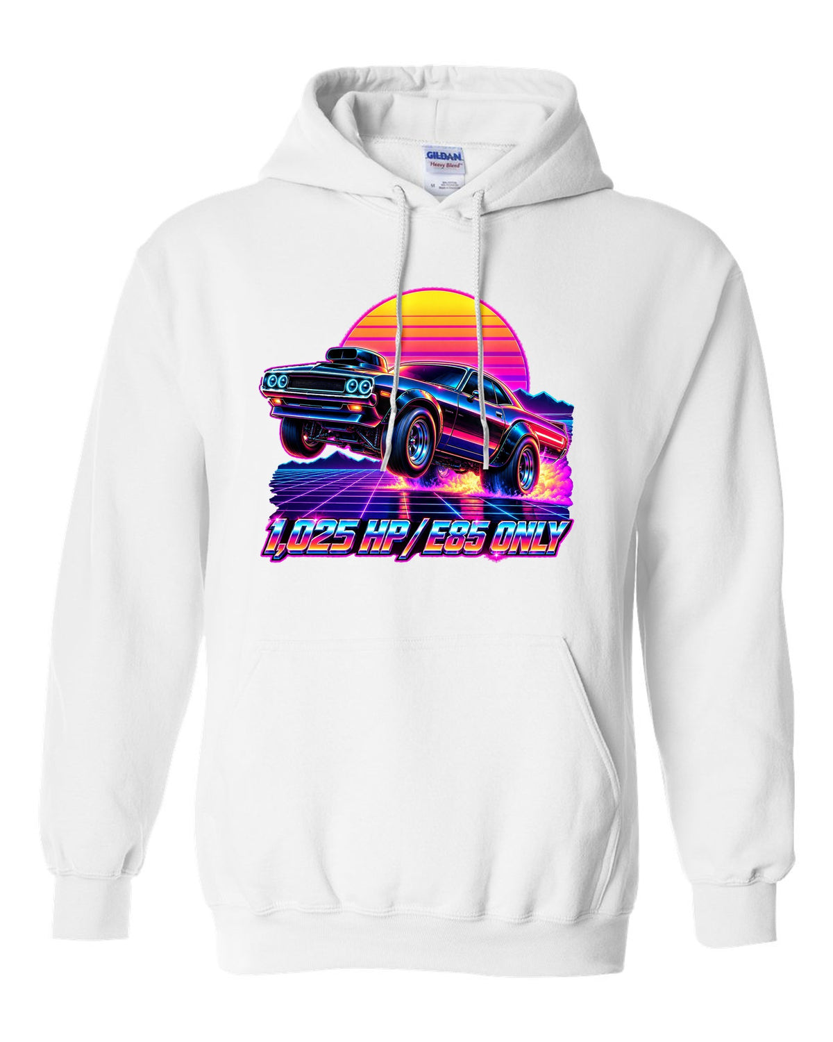 2023 Dodge Challenger Demon 170 synthwave neon outrun print with 1,025 HP E85 Only text white pull over hoodie front view with the design