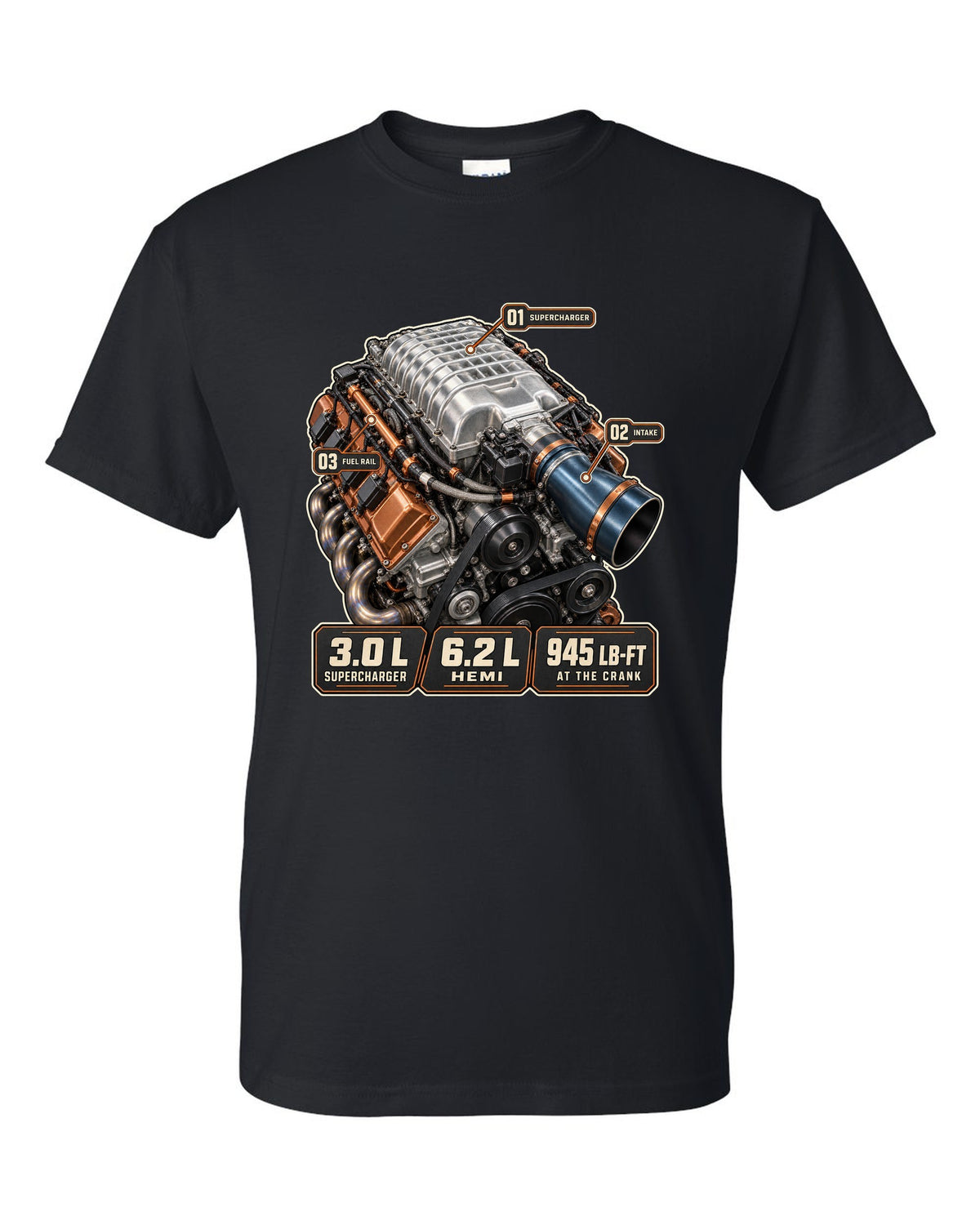 Dodge Challenger SRT Demon 170 supercharged Hemi engine hero print black t-shirt front view with the design