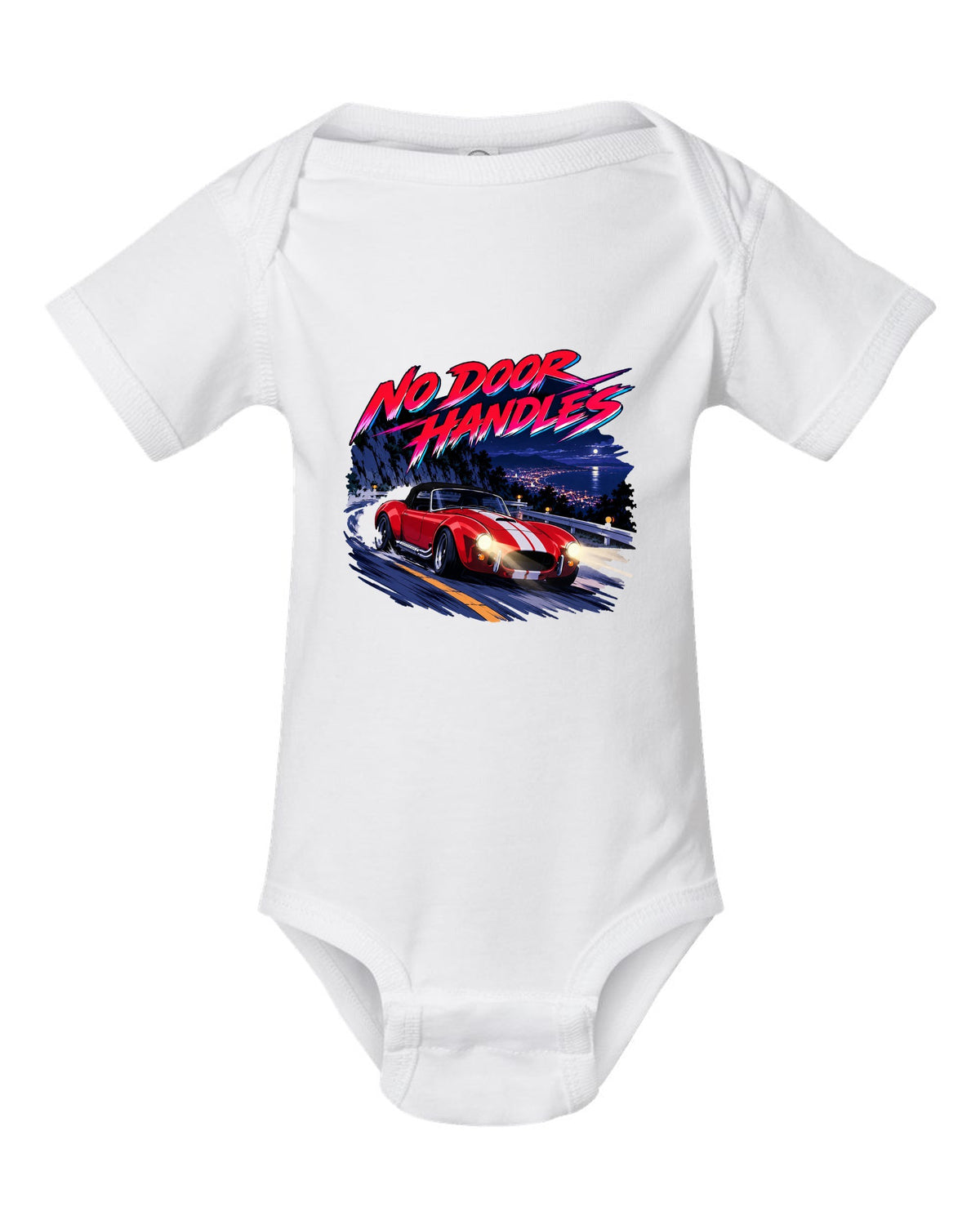 Cel-shaded anime night touge scene with a 1995 Dodge Viper RT/10 SR I and no door handles caption white baby onesie front view with the design