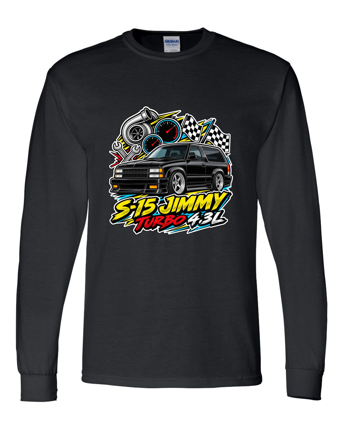 Sticker-bomb collage print of a 1992-93 GMC Typhoon with S-15 Jimmy Turbo 4.3L lettering black long sleeve front view with the design