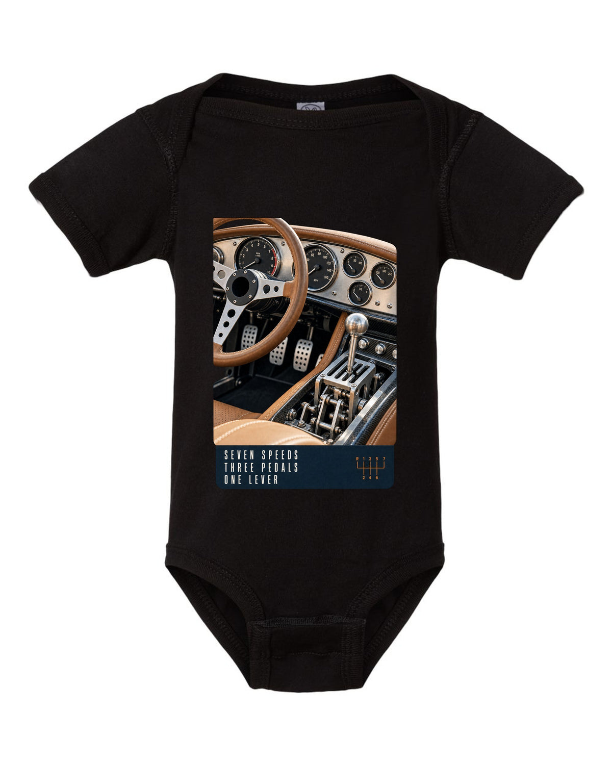 print of the Pagani Utopia manual cockpit and gated shifter black baby onesie front view with the design