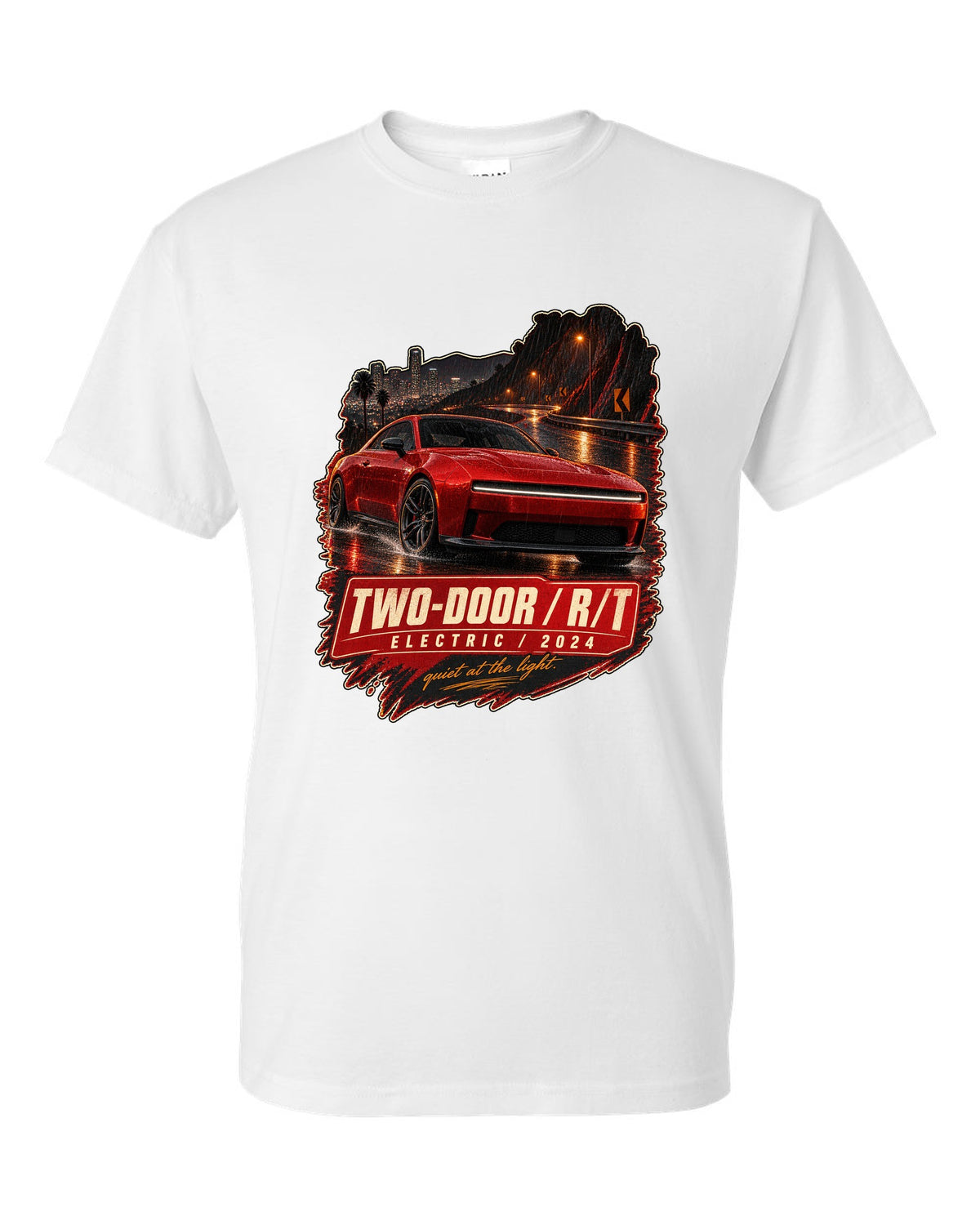 print of a 2024 Dodge Charger Daytona R/T on a night street white t-shirt front view with the design