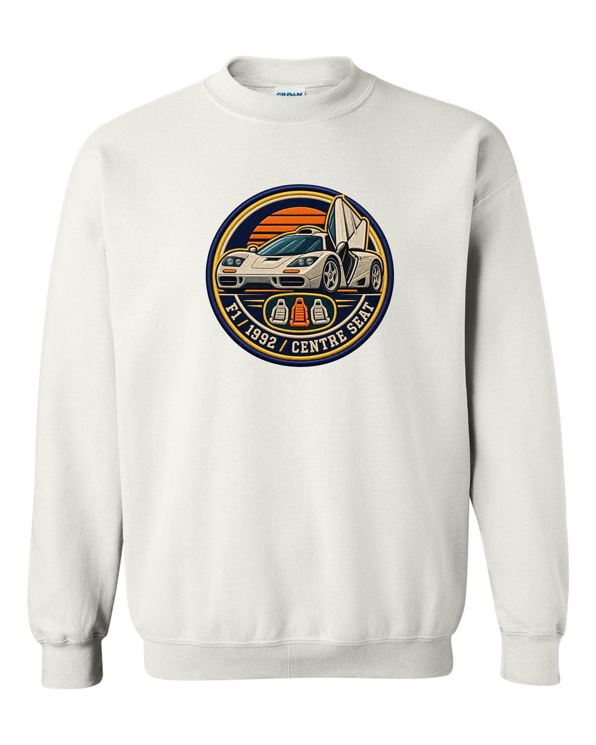 Embroidery varsity crest print for the McLaren F1 with F1, 1992 and Centre Seat lettering white crewneck front view with the design