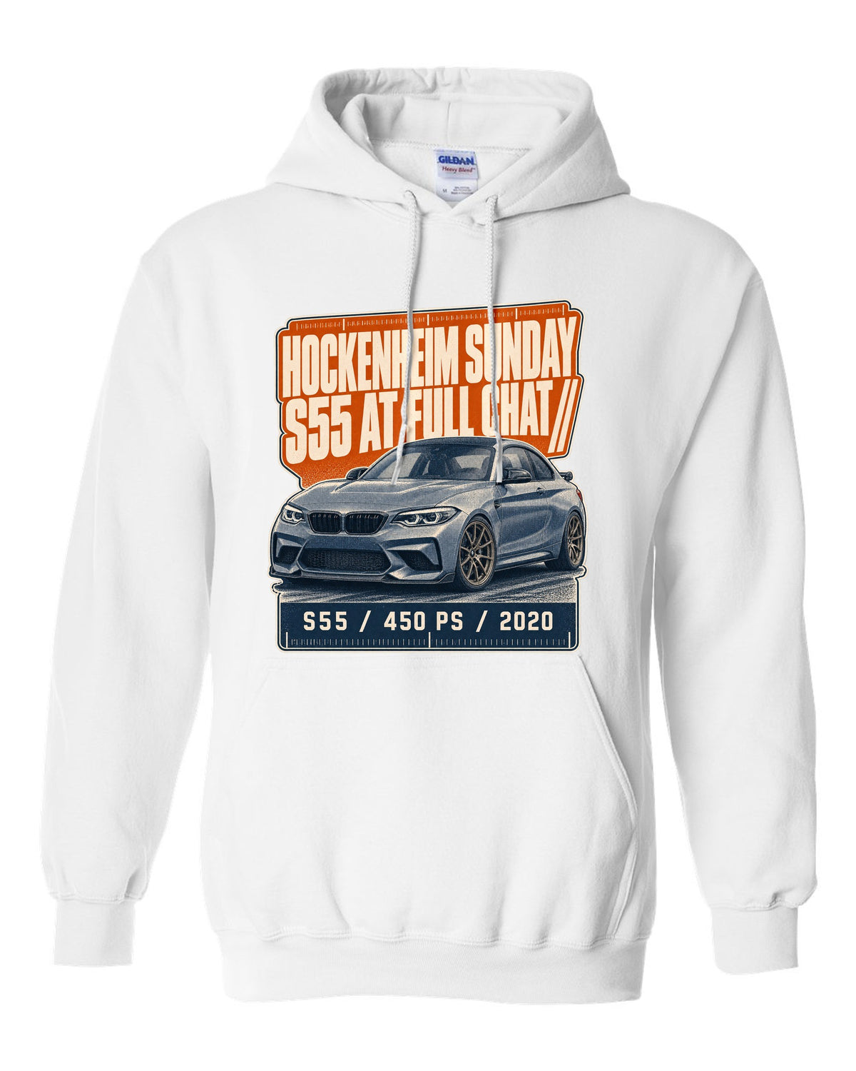 BMW M2 CS F87 halftone statement print with Hockenheim Sunday and S55 text white pull over hoodie front view with the design