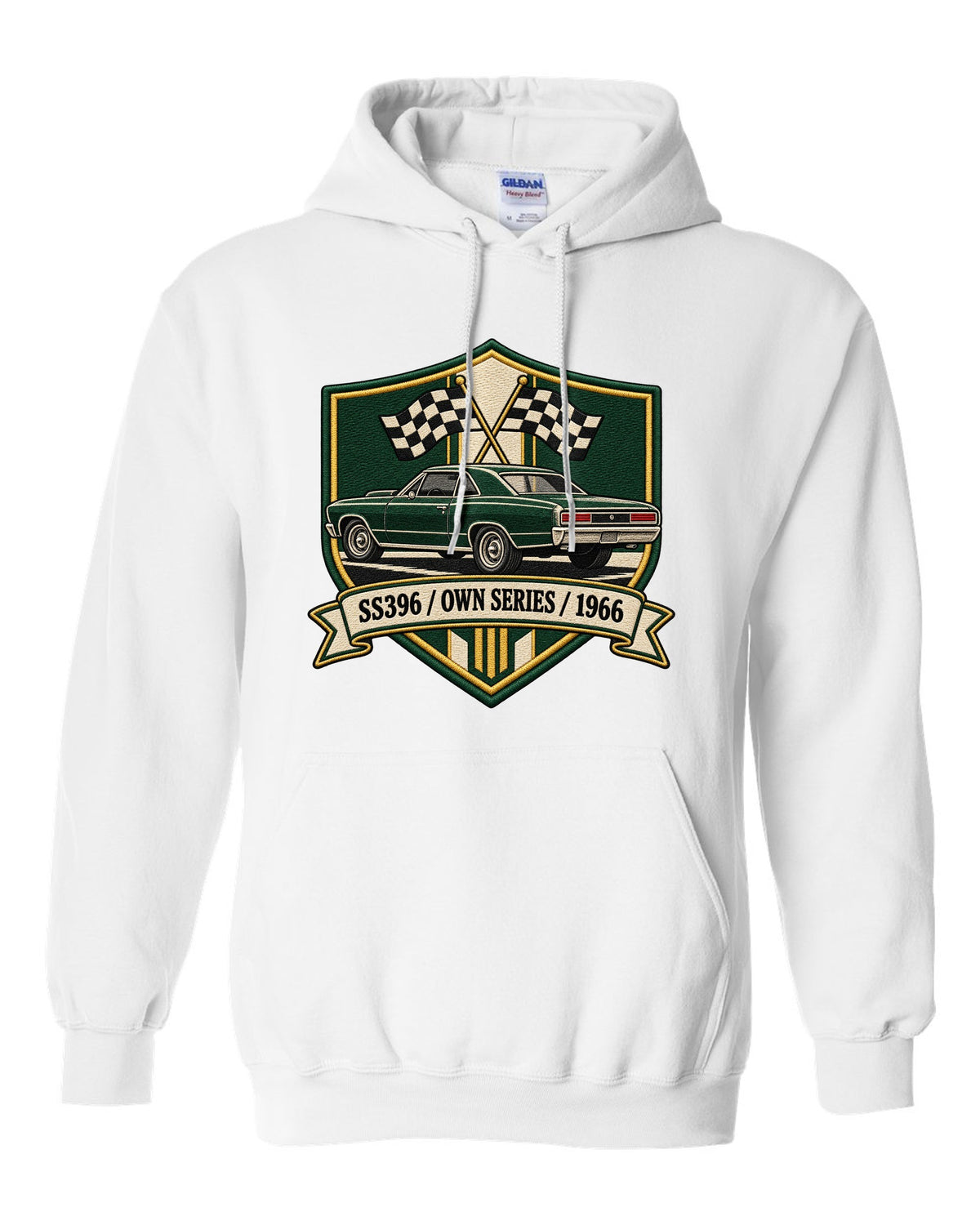 1966 Chevelle SS396 in an embroidery-style shield with text SS396 Own Series 1966 white pull over hoodie front view with the design