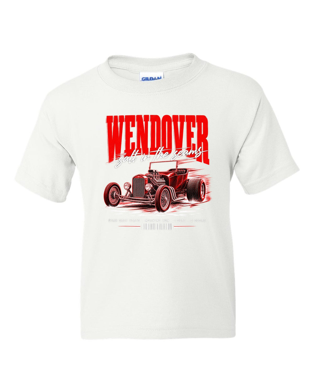 Street poster print of a T-bucket hot rod for Wendover and the Utah Salt Flats white kids tee front view with the design