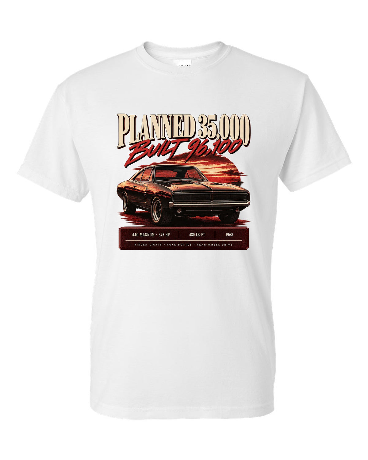 Archive panel print of a 1968 Dodge Charger R/T with 440 Magnum, 375 HP and production figures white t-shirt front view with the design