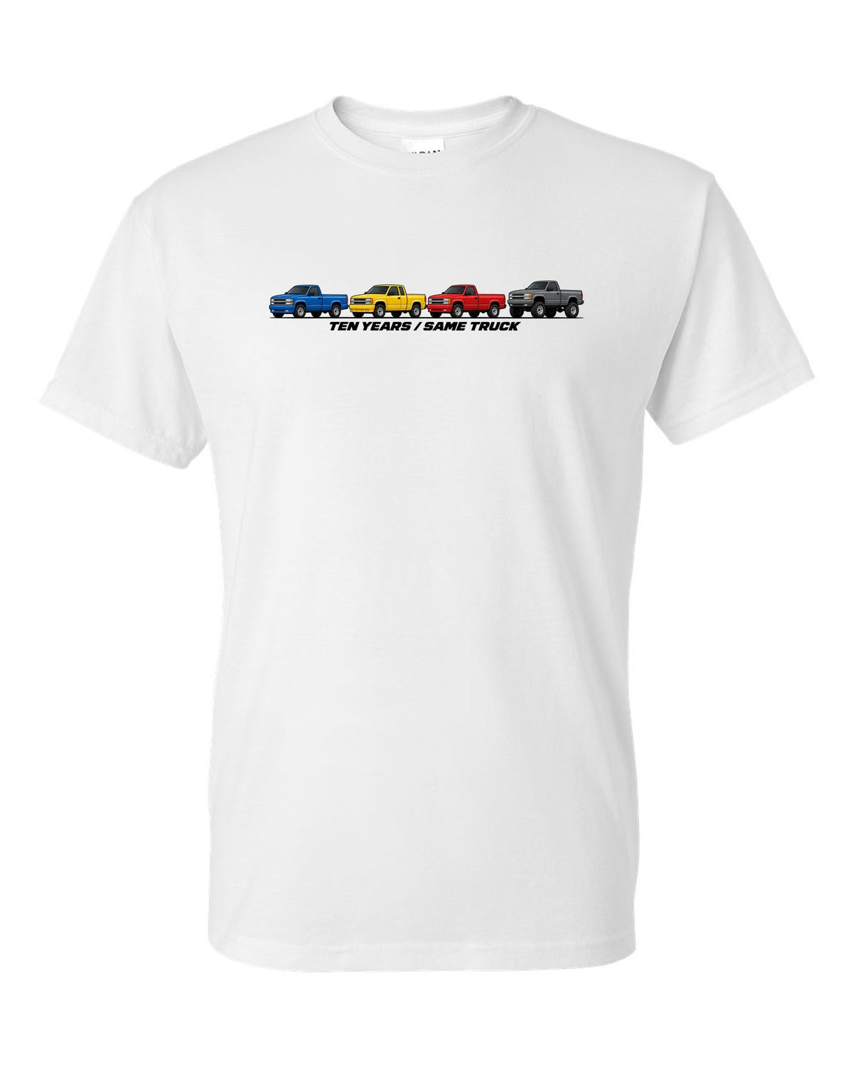 Generation lineup print of 1988-98 Chevrolet GMT400 C1500 K1500 OBS trucks with ten years same truck lettering white t-shirt front view with the design