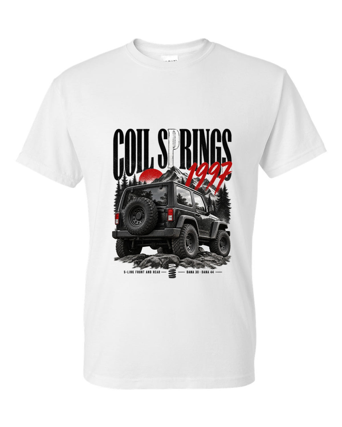 Editorial print for the Jeep Wrangler TJ, coil springs 5-link Dana 30 and Dana 44 white t-shirt front view with the design