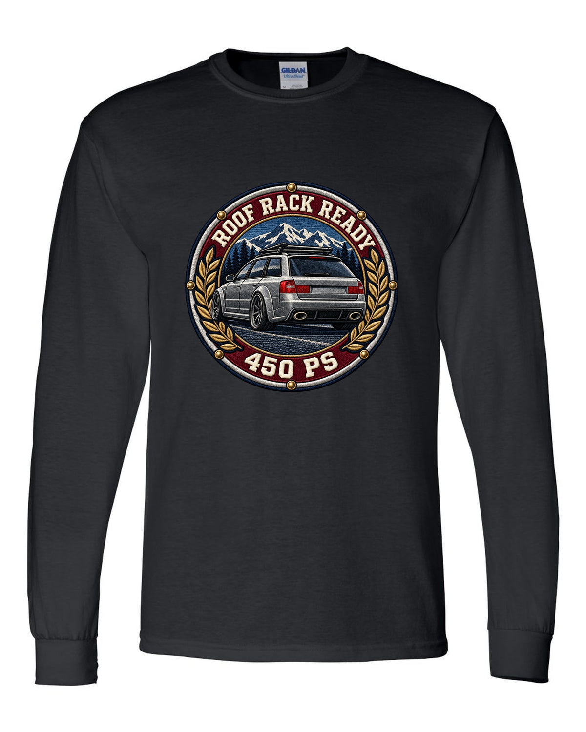 Varsity crest style print of a flared Audi RS6 Avant C5 with Roof Rack Ready text black long sleeve front view with the design