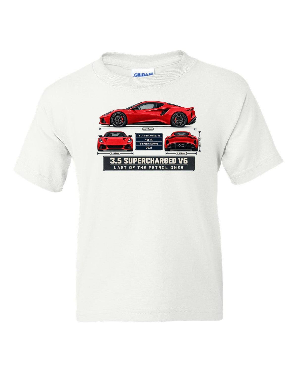 Lotus Emira V6 First Edition Spec Poster Tee, 3.5 Supercharg white kids tee front view with the design