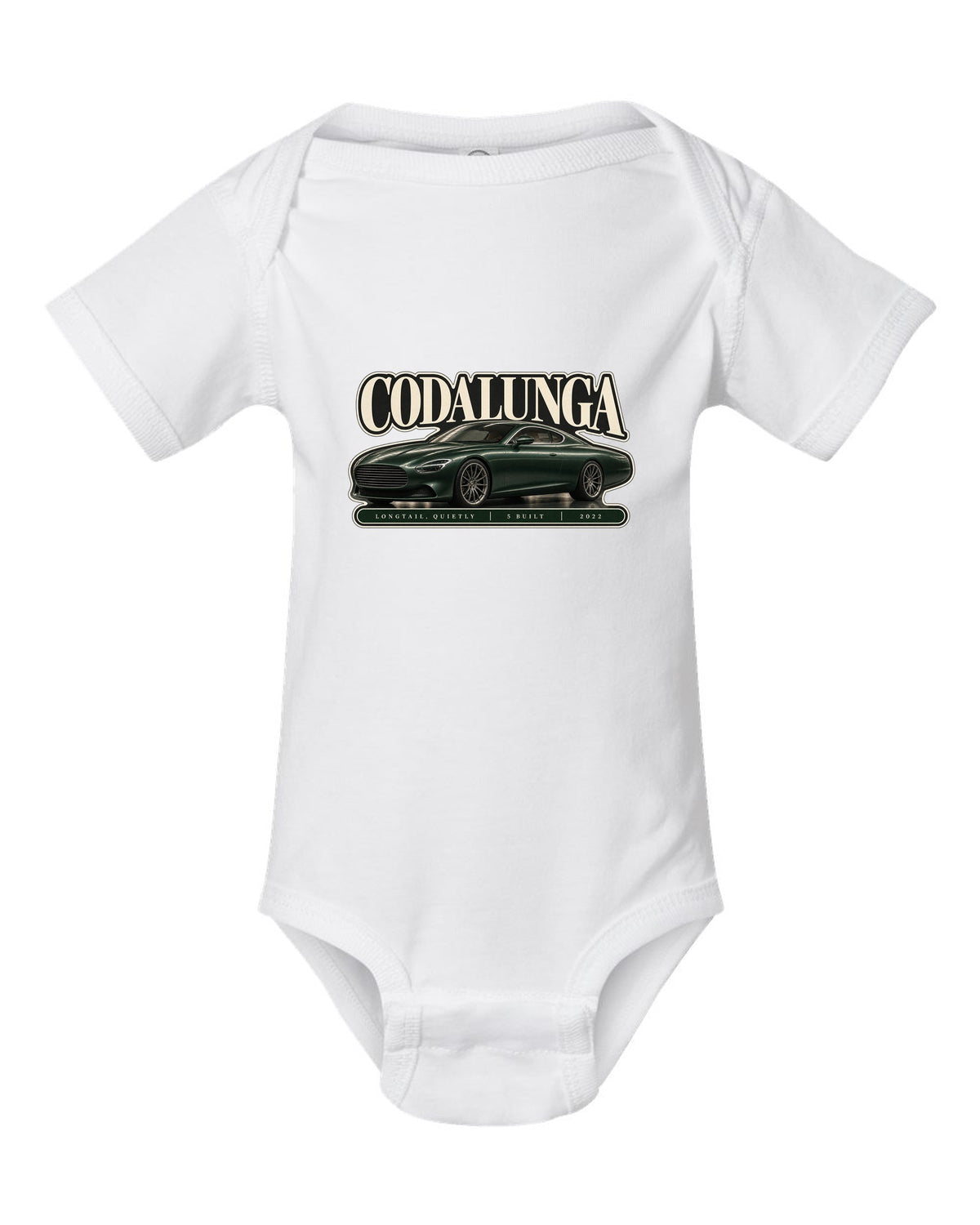 Editorial headline print of the Pagani Huayra Codalunga with the text Codalunga, longtail, quietly, 5 built, 2022 white baby onesie front view with the design