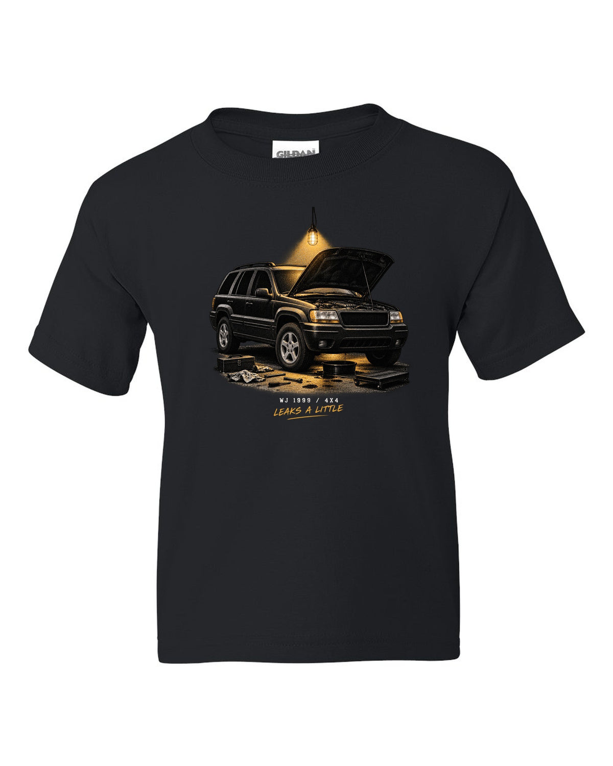 Jeep Grand Cherokee WJ in a night garage print with 1999 4x4 caption black kids tee front view with the design