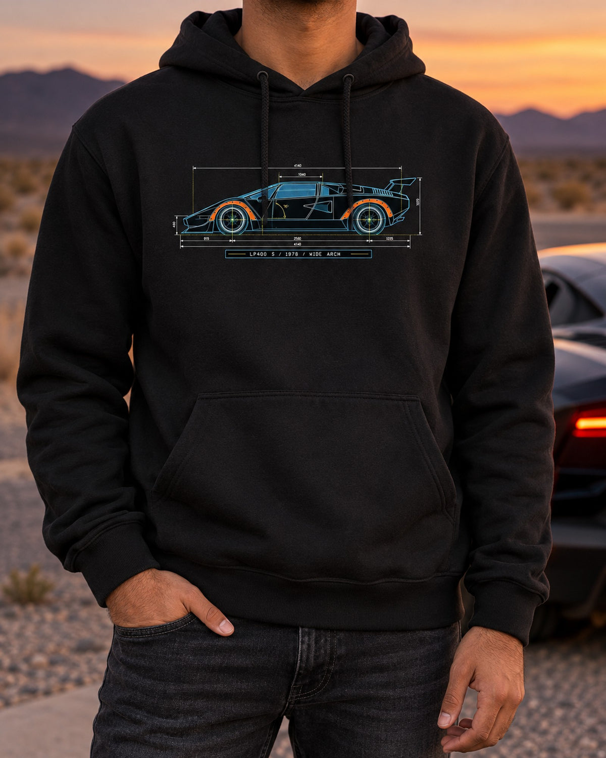 Lamborghini Countach LP400 S Wide Arch Blueprint Shirt, 1978 Pull Over Hoodie Black worn hero