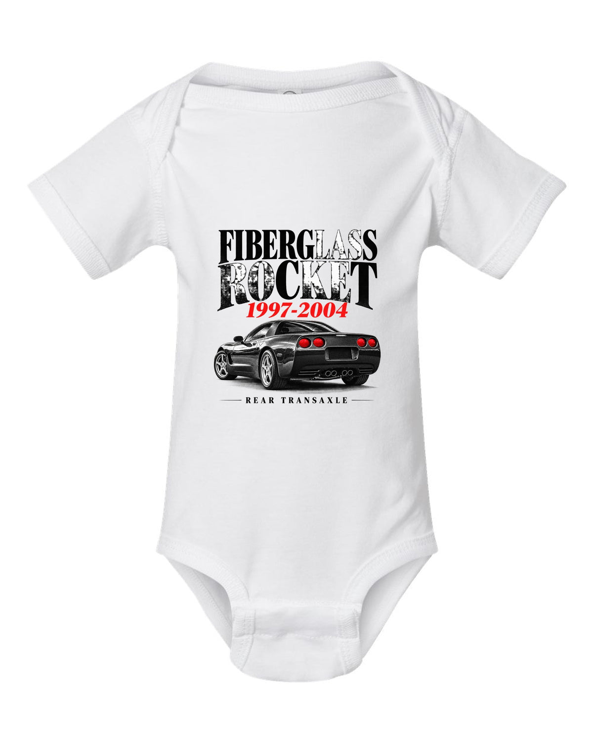 Corvette C5 coupe editorial headline print with rear transaxle text white baby onesie front view with the design