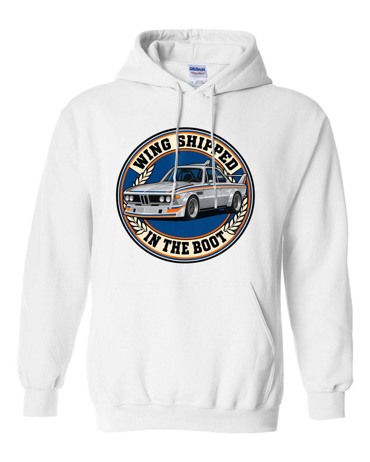 Embroidery-style varsity crest print of a BMW 3.0 CSL E9 with wing in the boot text white pull over hoodie front view with the design