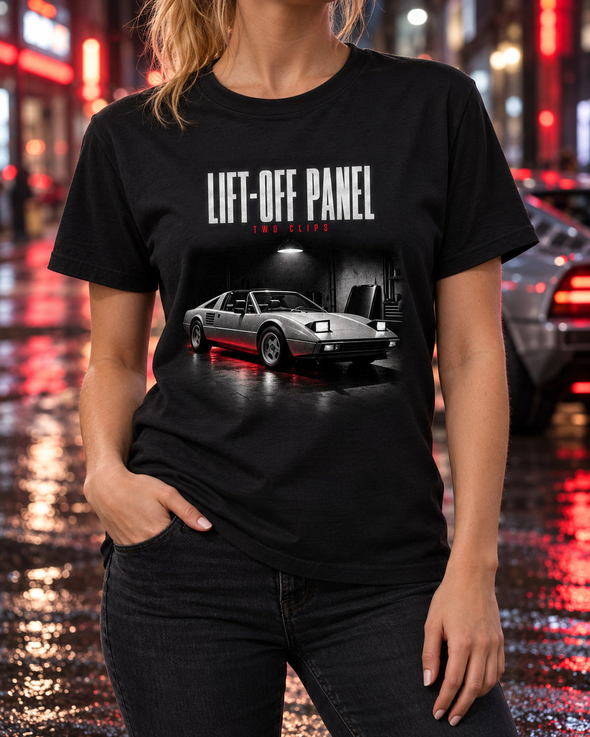 Ferrari 308 GTS Lift-Off Roof Panel Night Shirt, Two Clips T-Shirt Black worn hero