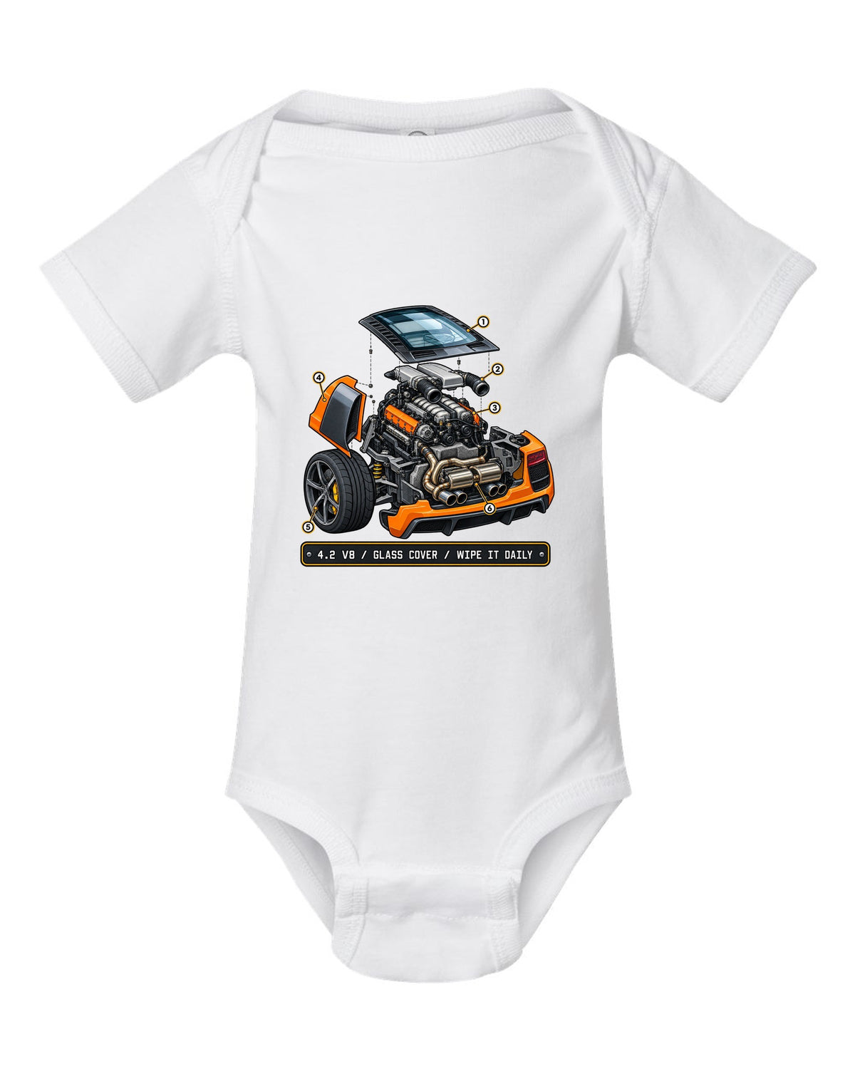 Isometric exploded view print of the Audi R8 Type 42 4.2 V8 with glass cover white baby onesie front view with the design