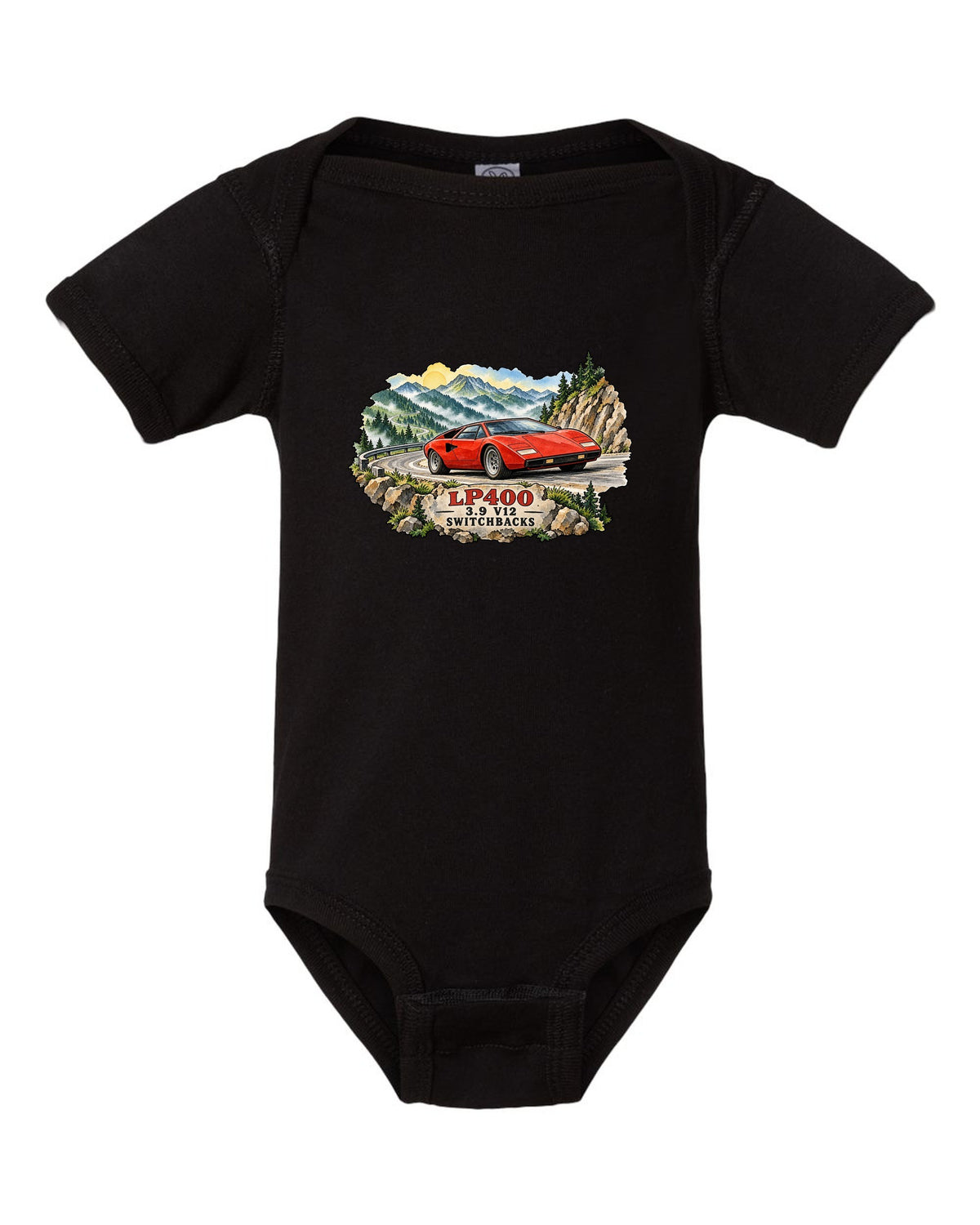 Watercolour ink wash design of a Lamborghini Countach LP400 on mountain switchbacks black baby onesie front view with the design