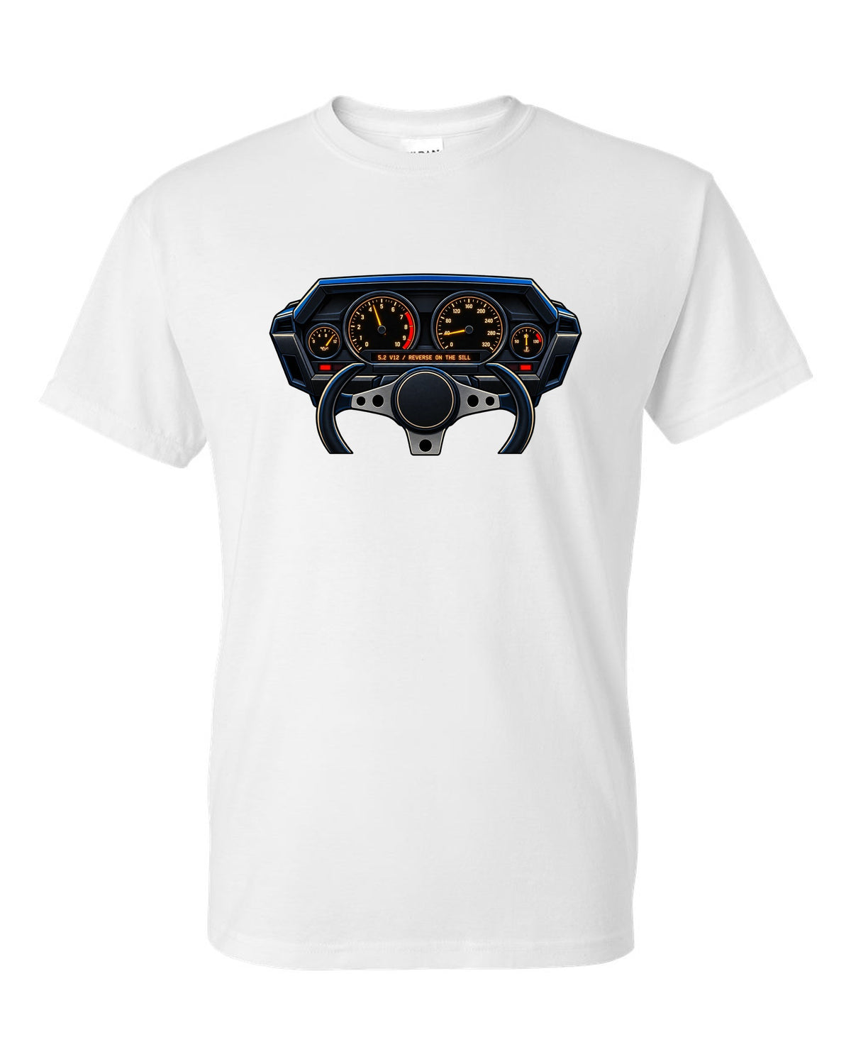 Gauge cluster graphic for a Lamborghini Countach LP5000 QV with 5.2 V12 lettering white t-shirt front view with the design