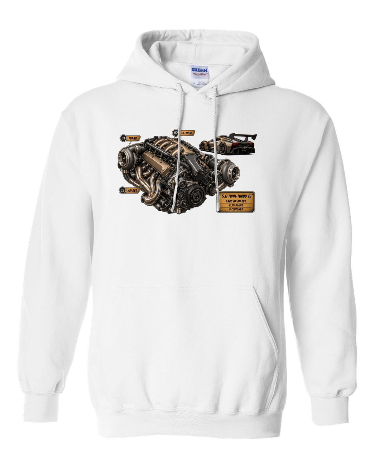 print engine hero of a Koenigsegg Jesko in bronze-grey carbon weave white pull over hoodie front view with the design