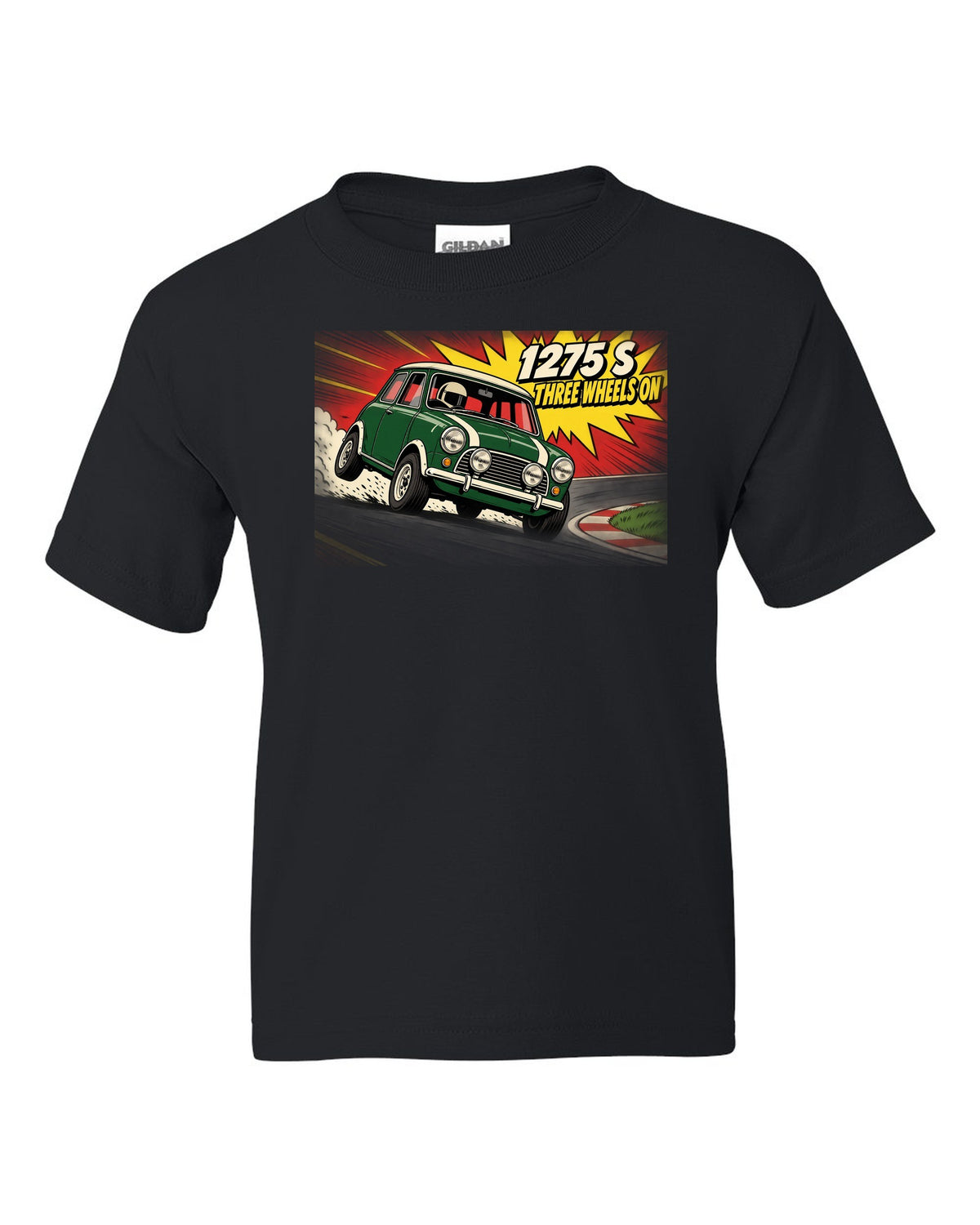 Pop-art flat colour print of a Classic Mini Cooper S 1275 S on three wheels with speed lines black kids tee front view with the design