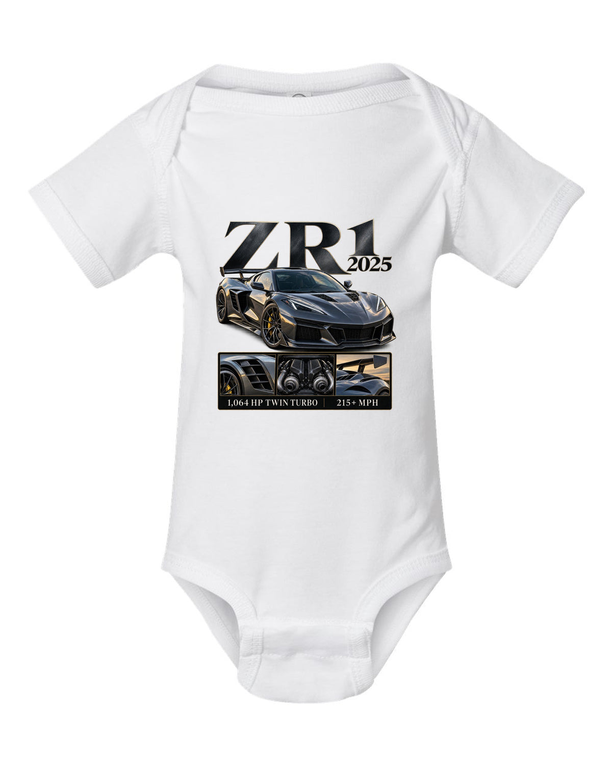 Corvette C8 ZR1 2025 with large fender vents, archive panel white baby onesie front view with the design
