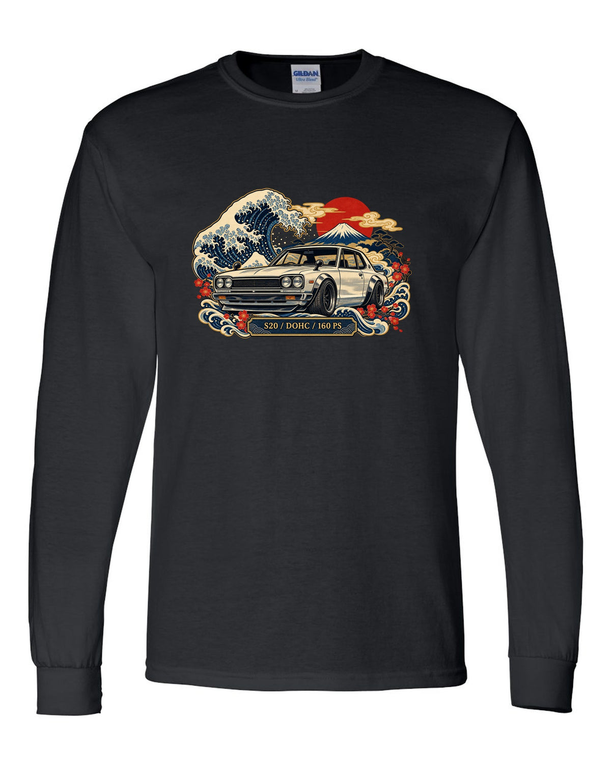 Ukiyo-e woodblock wave print of the Skyline 2000GT-R Hakosuka KPGC10 with S20 DOHC 160 PS lettering black long sleeve front view with the design