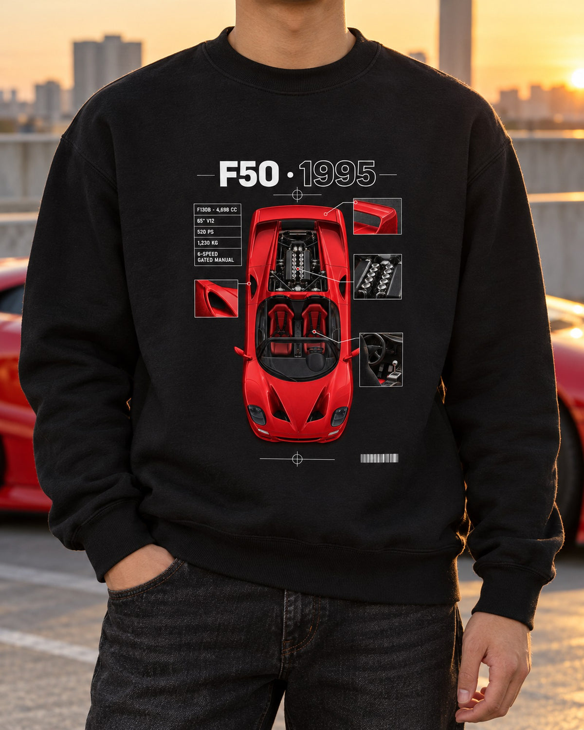 Ferrari F50 F130B Top-Down Spec Poster Tee, 65 Degree V12 Crewneck Black worn hero