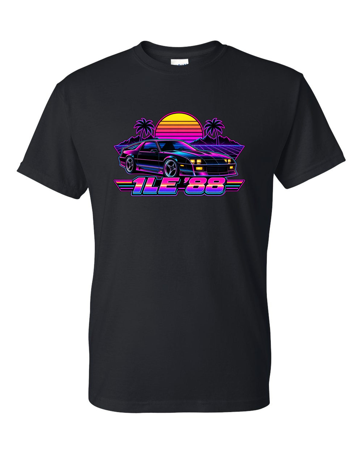 1988 Camaro 1LE third-generation against a synthwave grid horizon with a striped sun and the text 1LE '88 black t-shirt front view with the design