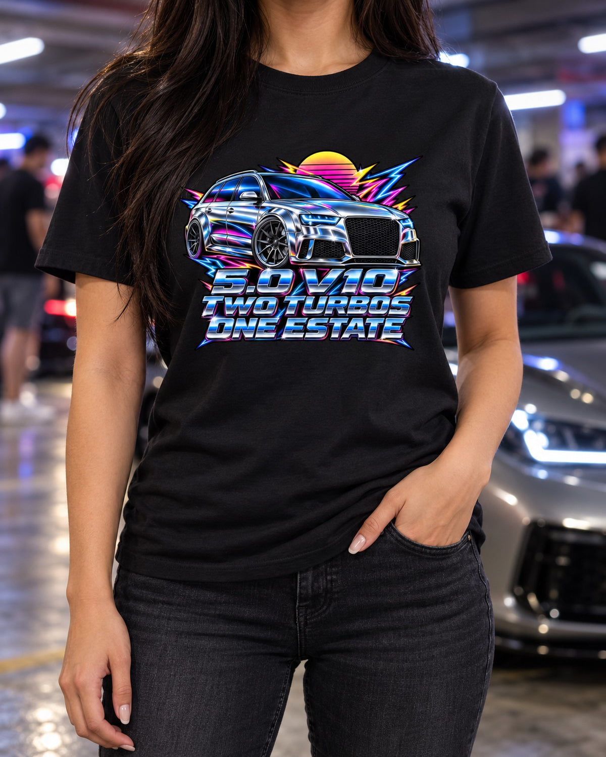Audi RS6 Avant C6 4F 80s Airbrush Chrome Shirt, V10 Wagon T-Shirt Black worn hero