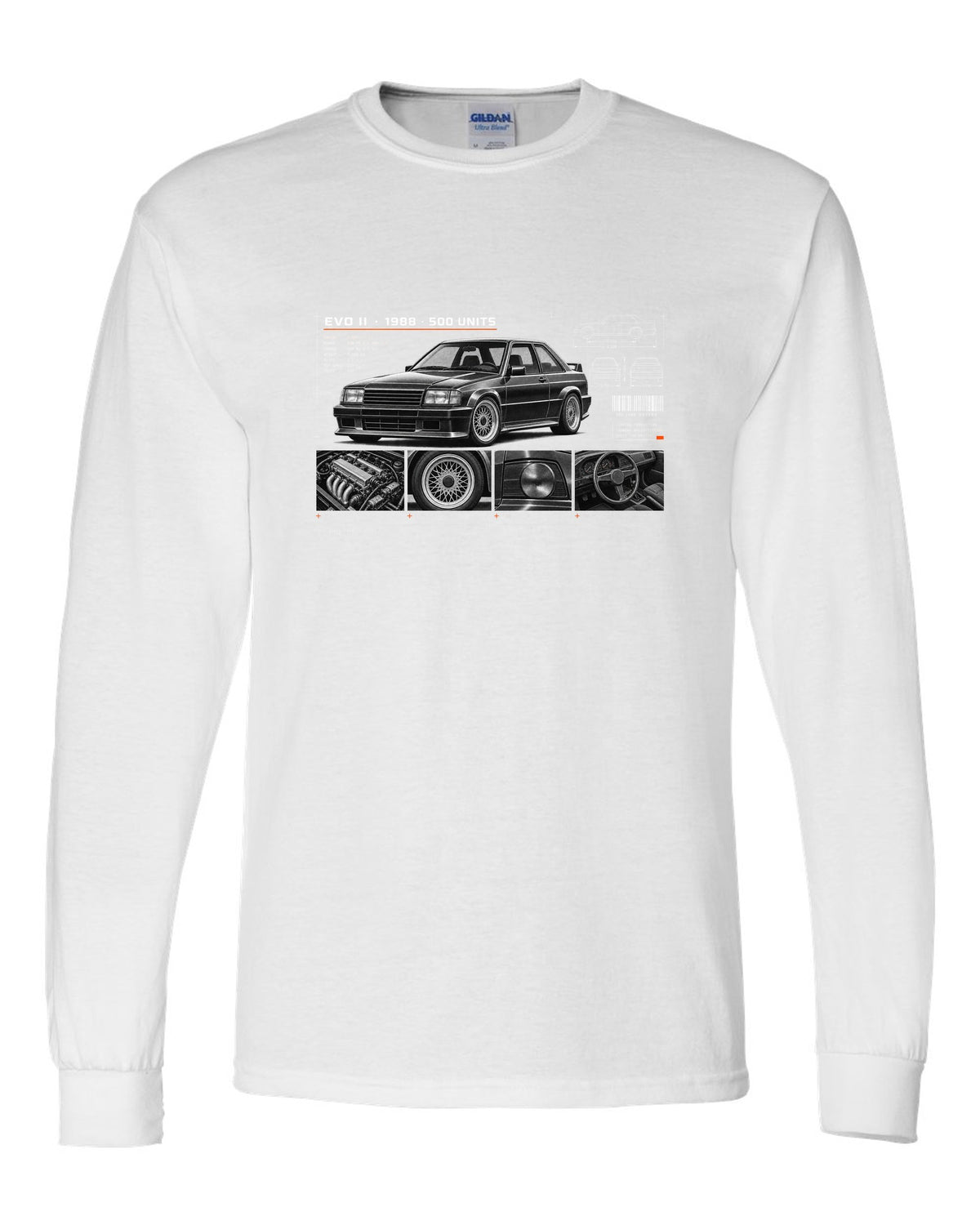 BMW E30 M3 Evo II 1988 dossier panel print with 500 units text white long sleeve front view with the design