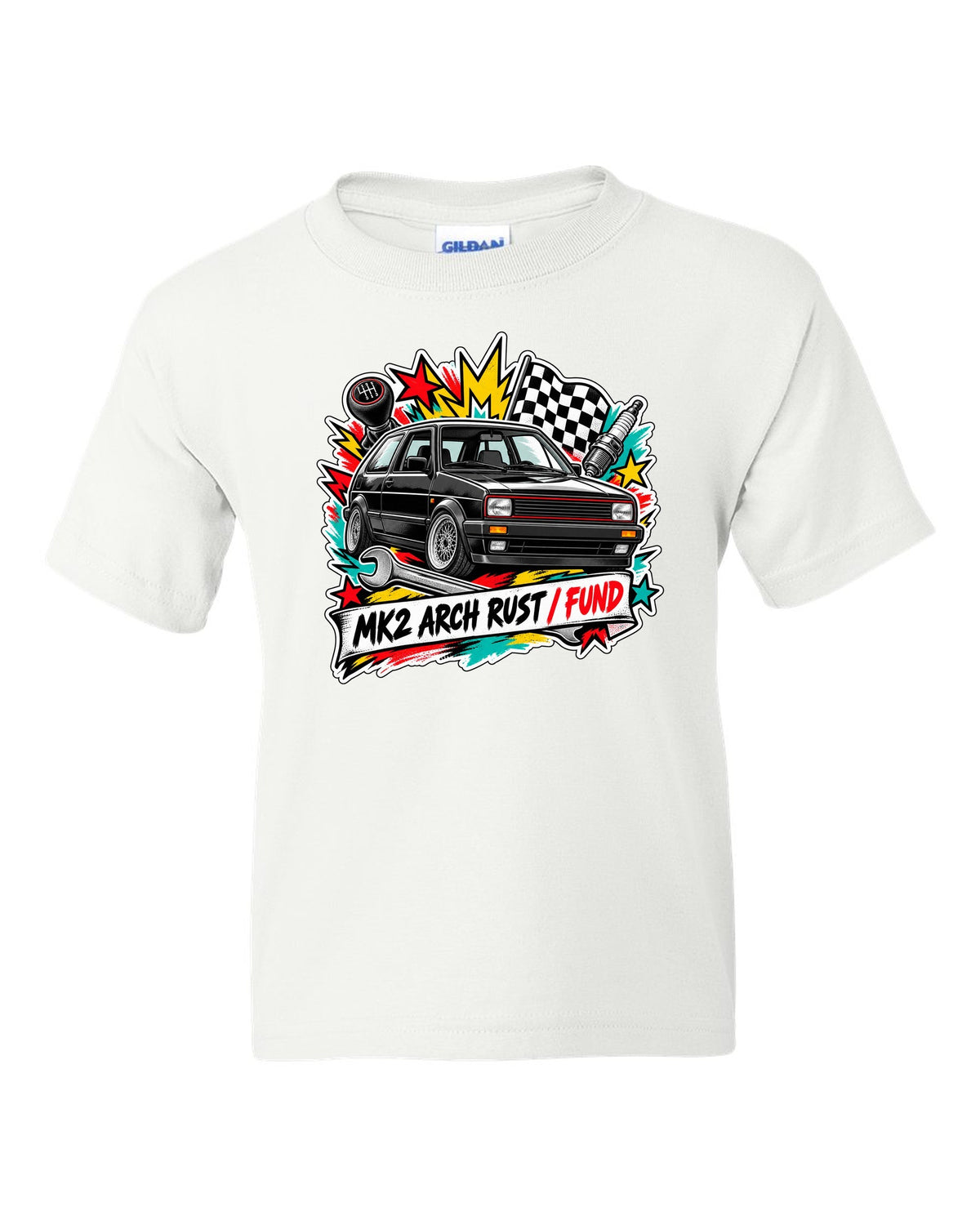 Sticker bomb collage print of a VW Golf Mk2 GTI with arch rust fund text white kids tee front view with the design