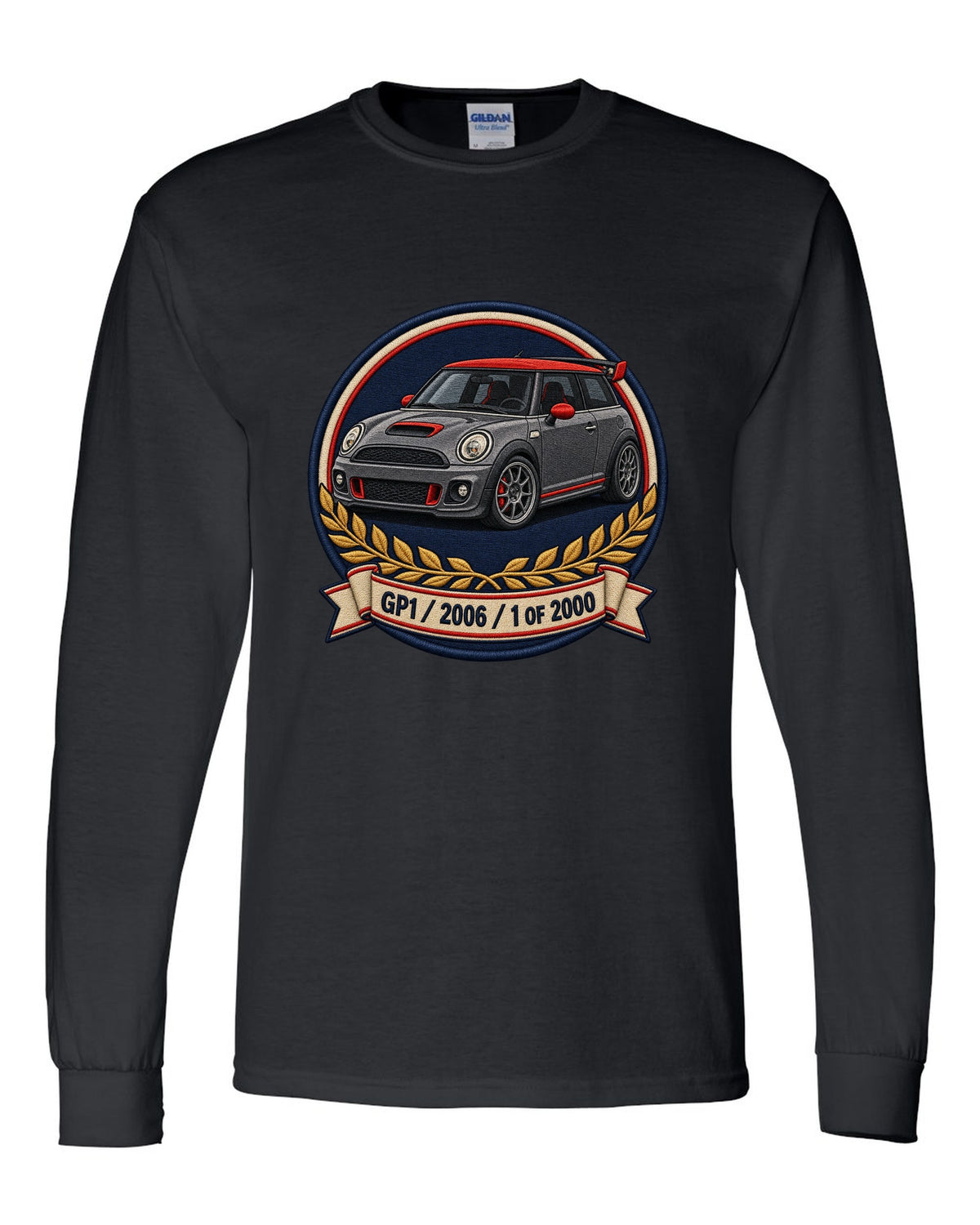 Varsity crest for the Mini Cooper GP1 2006, 1 of 2000 black long sleeve front view with the design