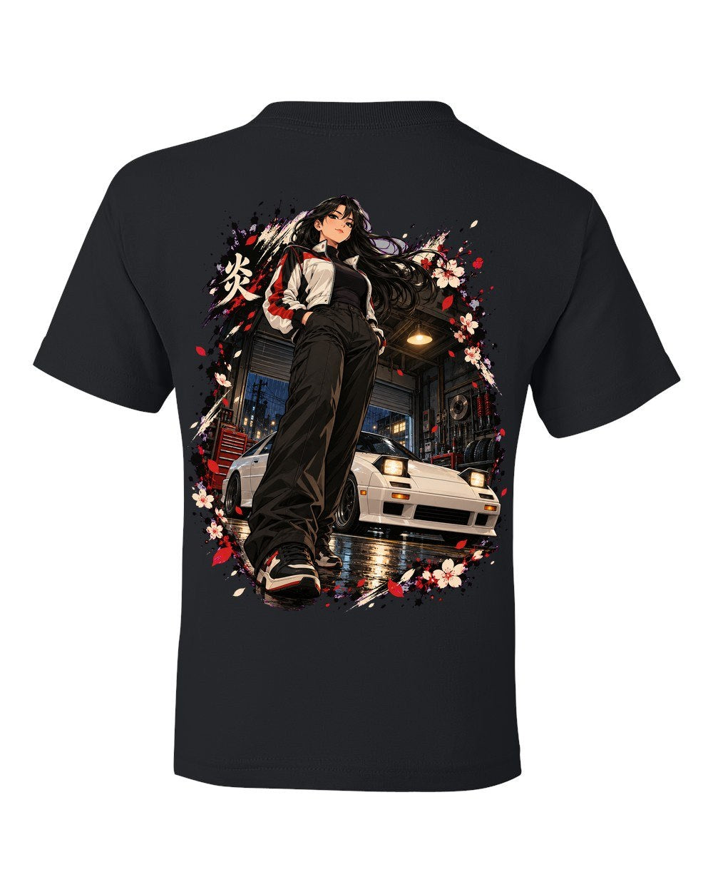 Mazda RX-7 FC Anime Girl Kids Tee Black back