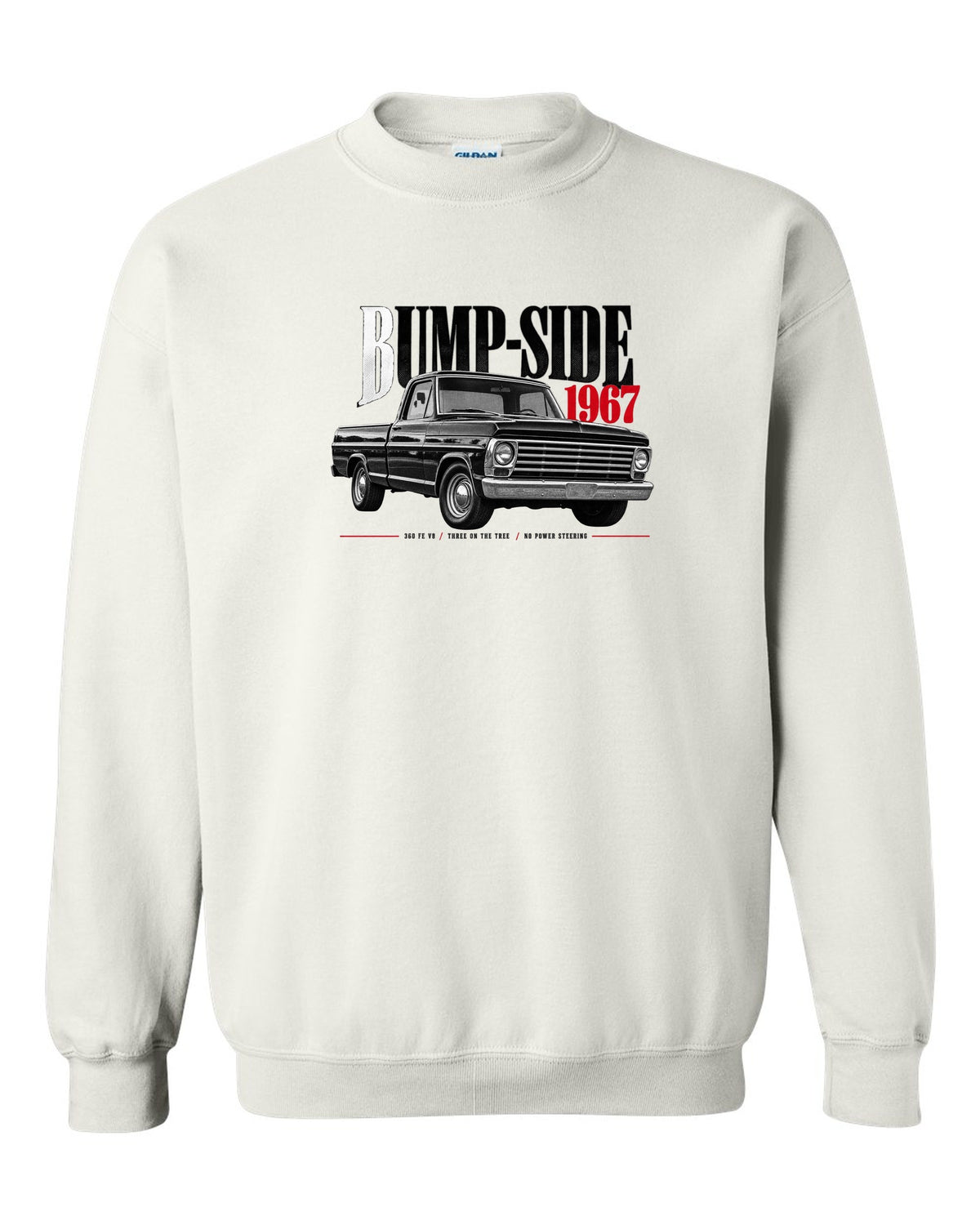 Ford F-Series Bump-Side 1967 360 FE V8 Editorial Graphic Tee white crewneck front view with the design