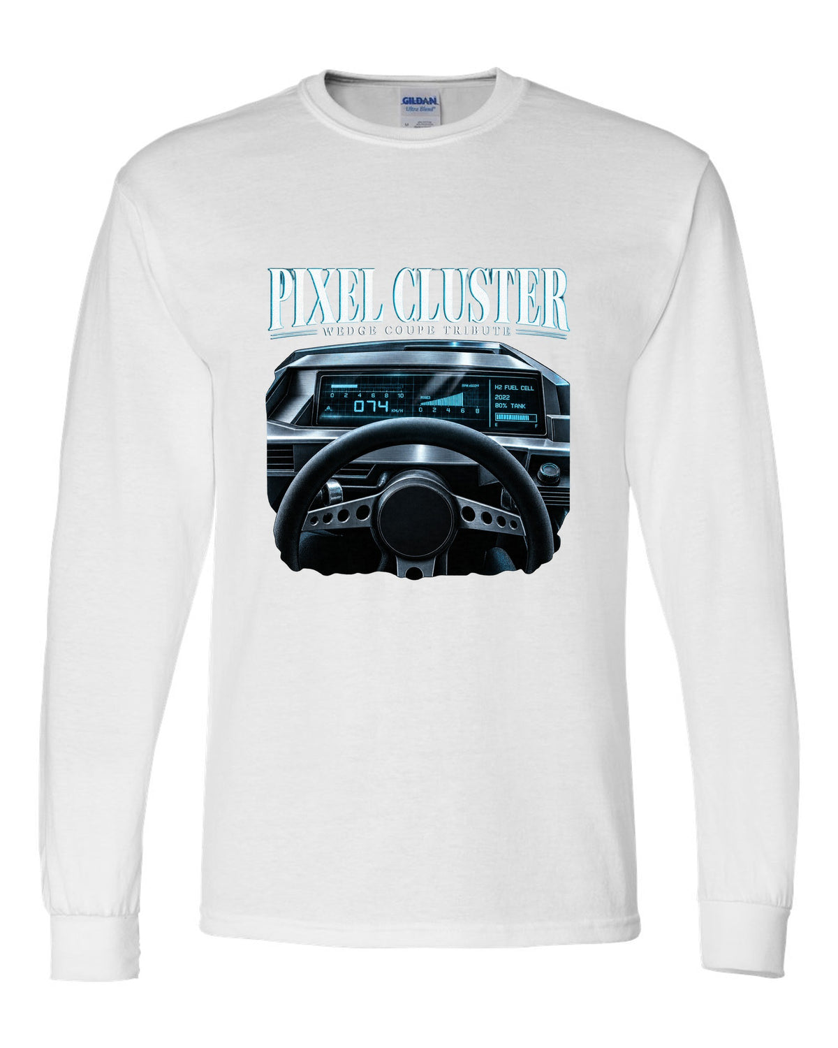Hyundai N Vision 74 cockpit gauge print with pixel cluster and fuel cell readout white long sleeve front view with the design